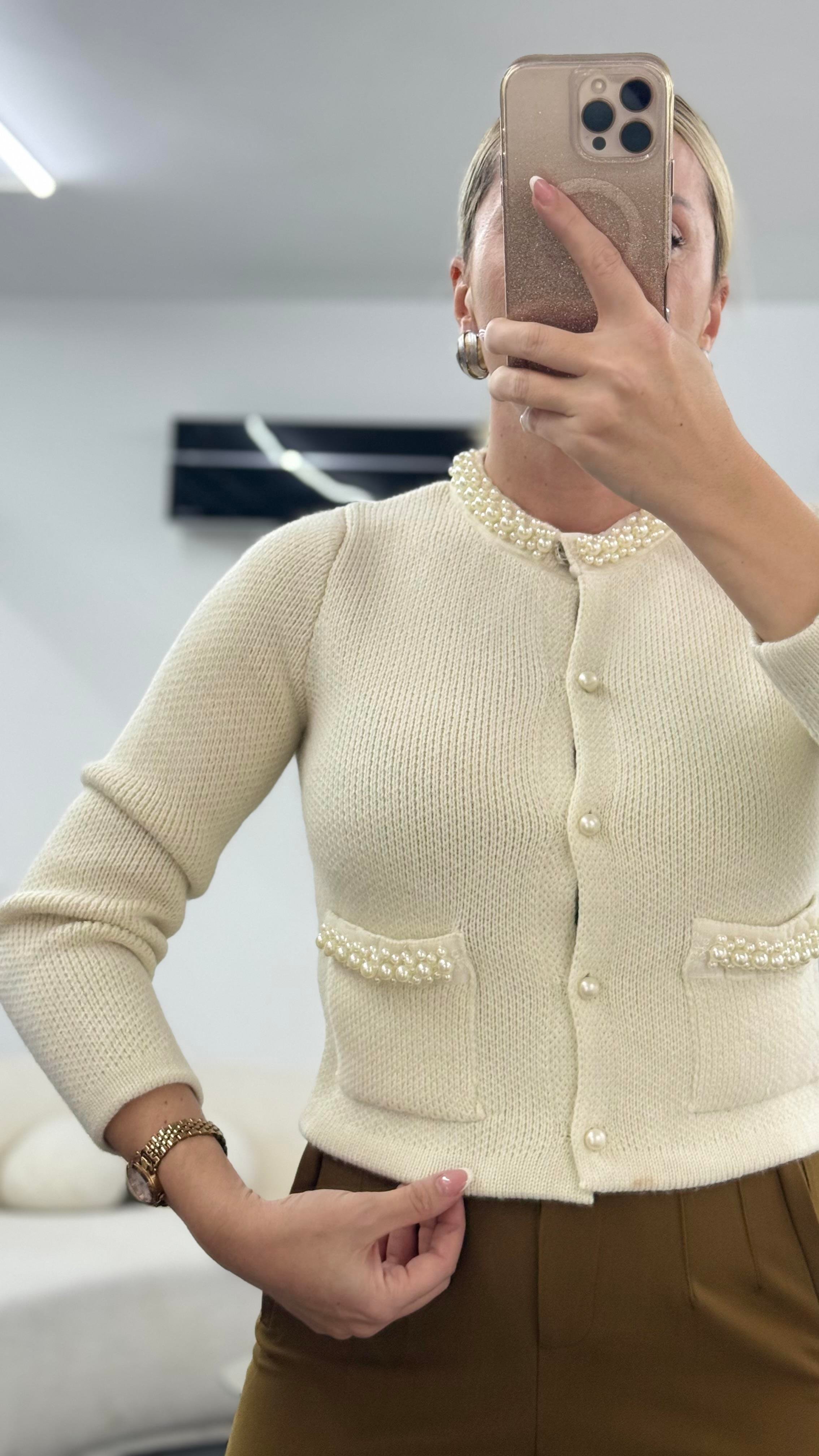 BURY İNCİ DETAYLI KREMRENGİ HIRKA