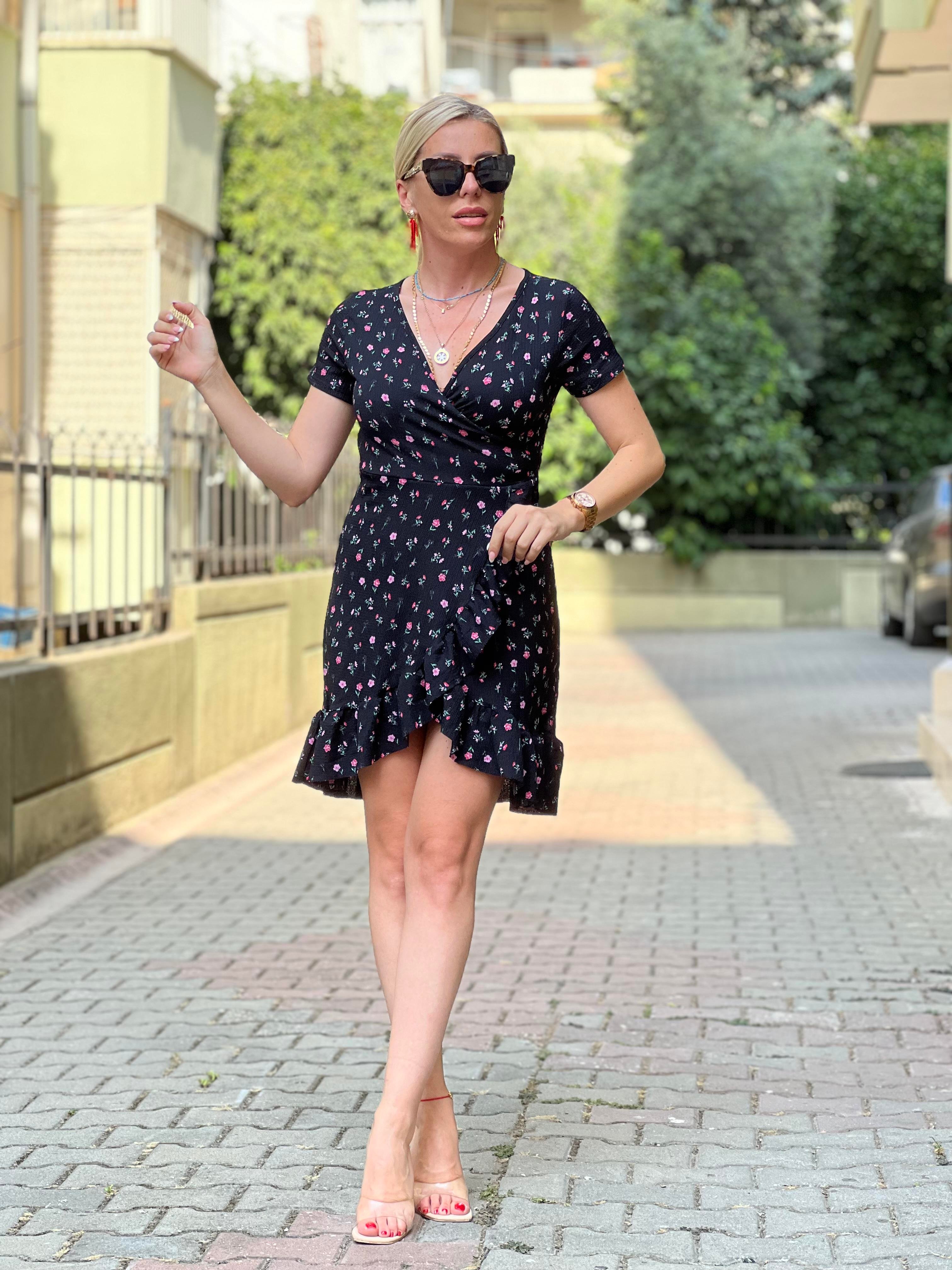 Çiçekli kruvaze mini elbise 