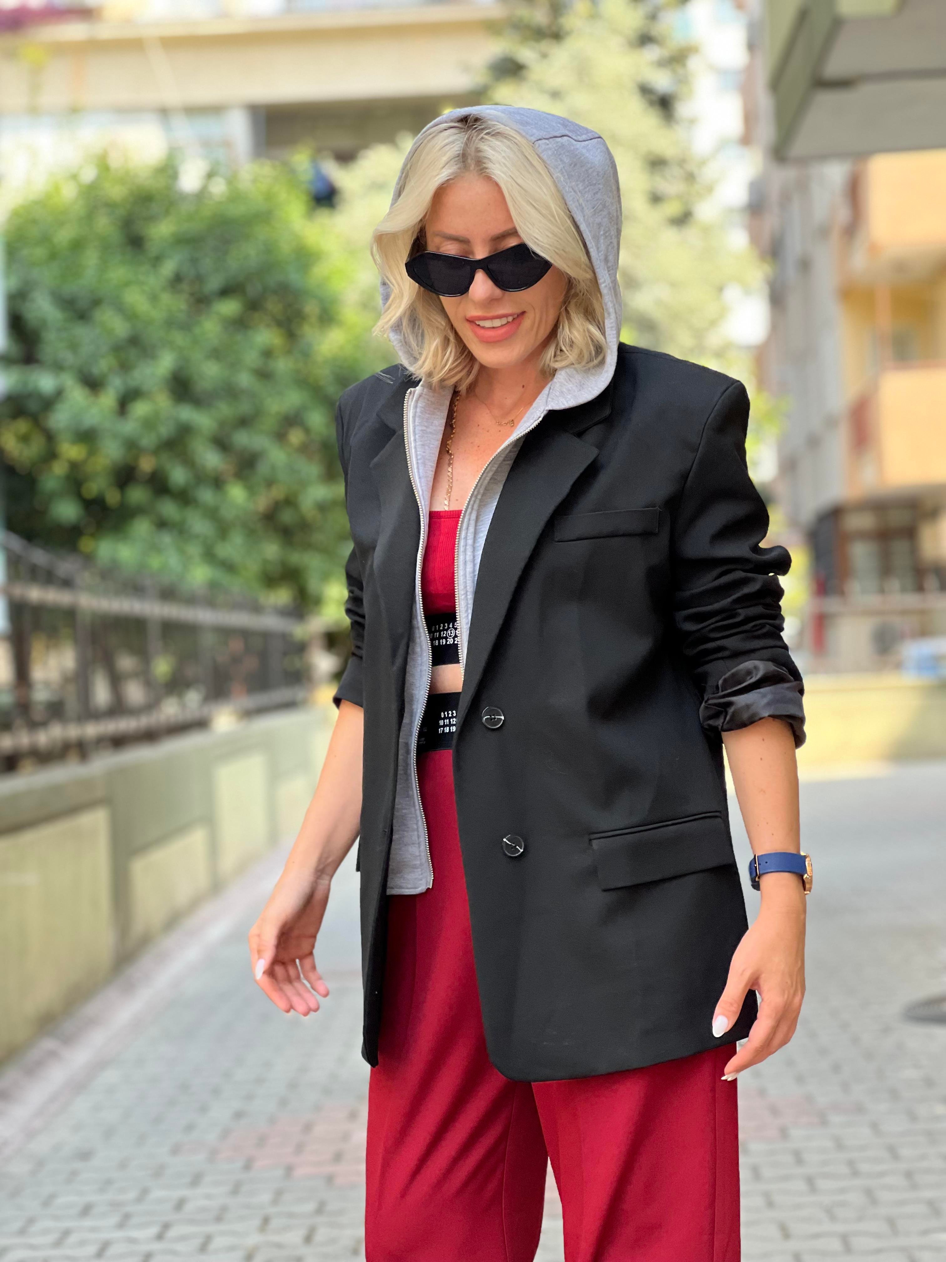 CLEAR KAPÜŞONLU SİYAH BLAZER CEKET