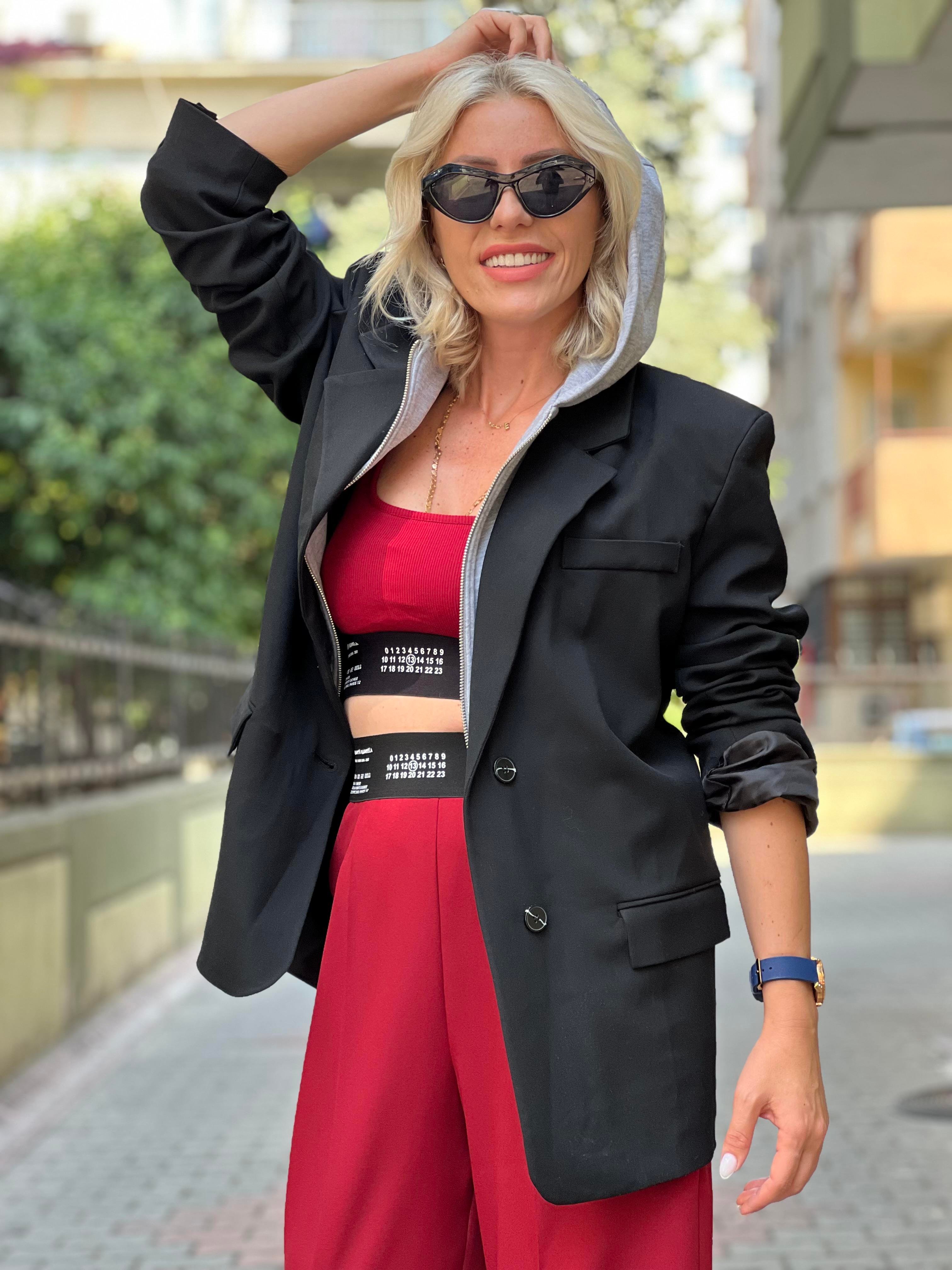 CLEAR KAPÜŞONLU SİYAH BLAZER CEKET