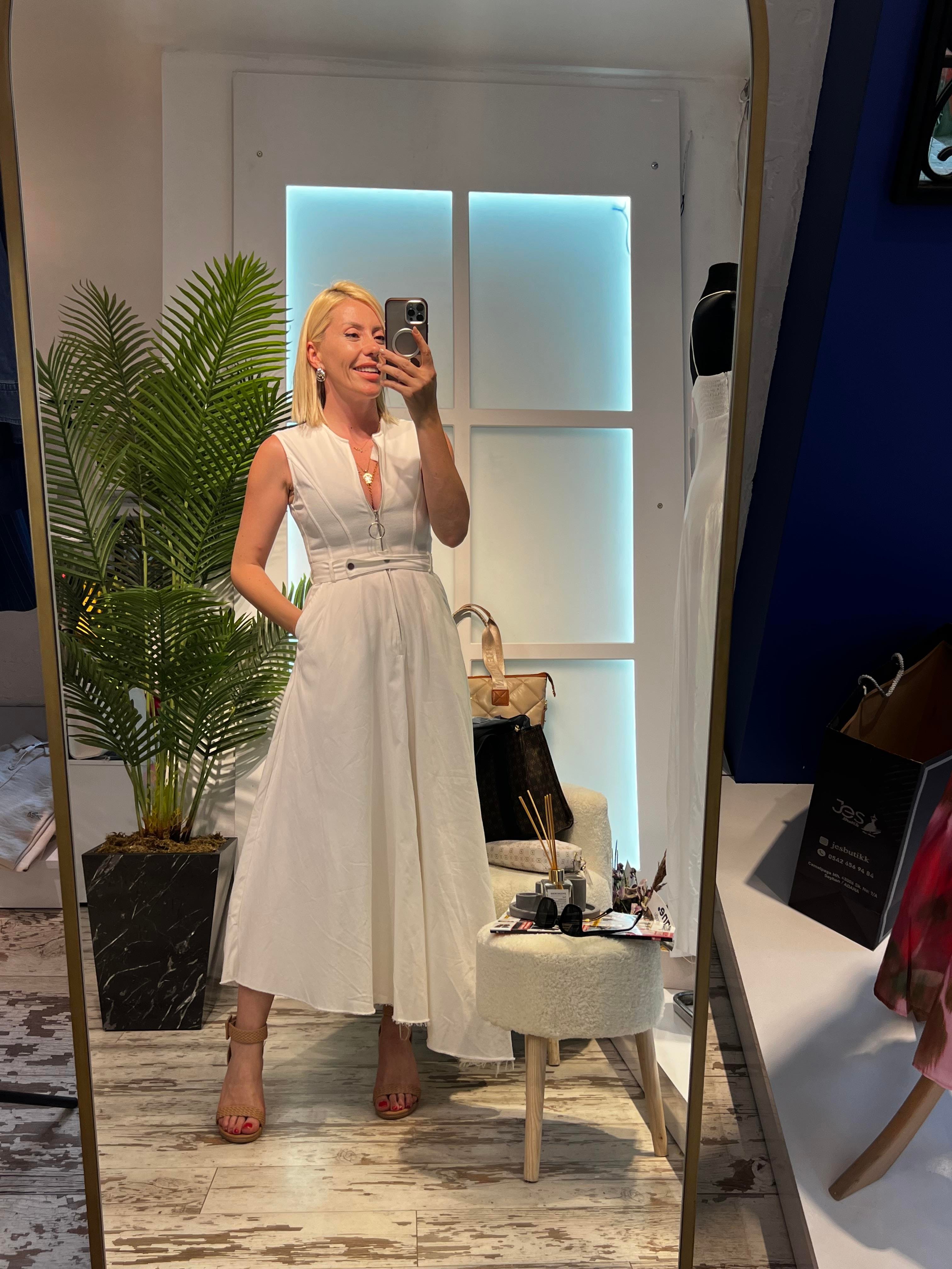 GABARDİN KREM UZUN ELBİSE 