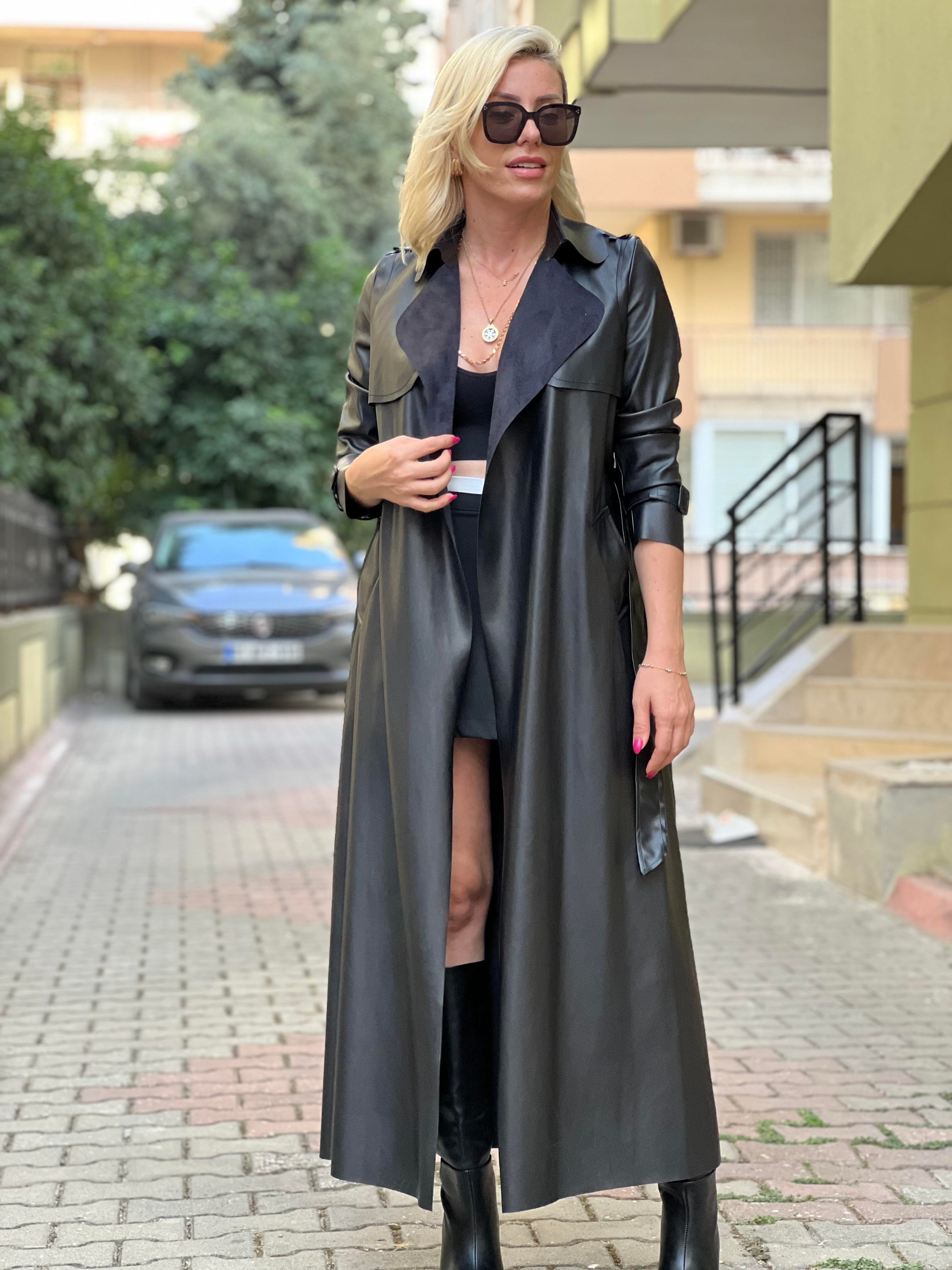 GOLİNS DERİ UZUN TRENÇ 