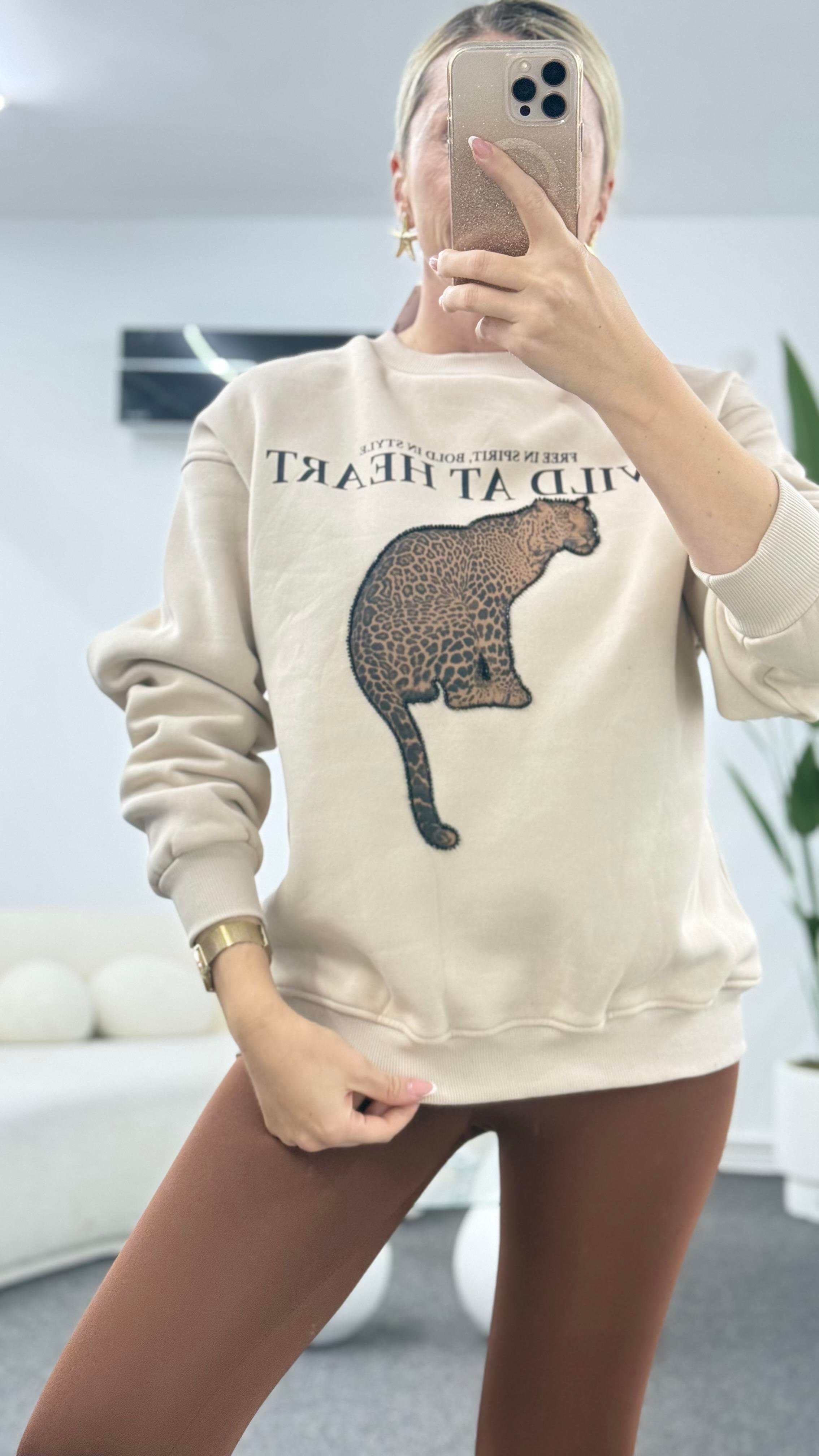 KİNSY LEOPAR DETAYLI BEJ SWEATSHIRT
