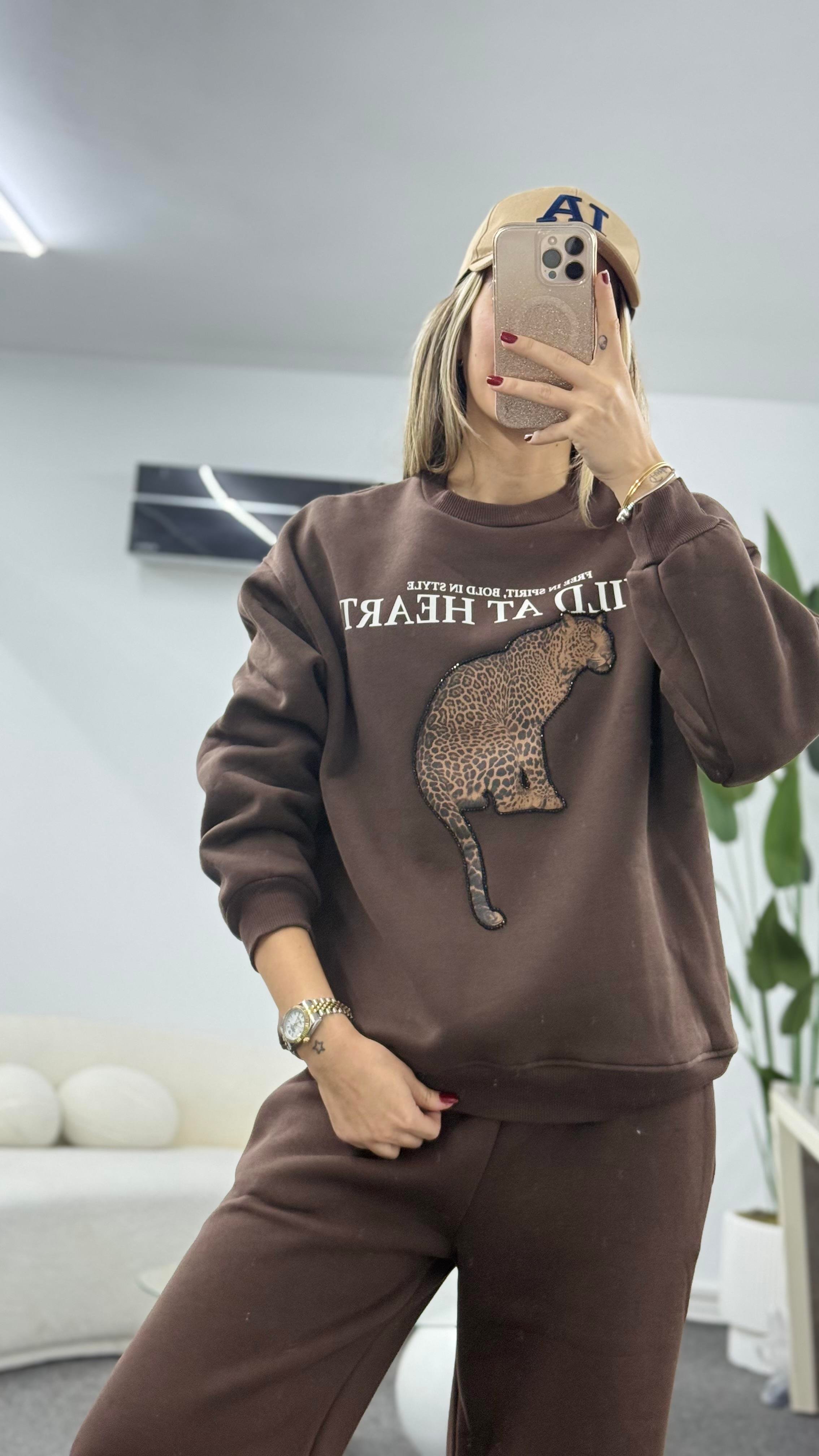 KİNSY LEOPAR DETAYLI KAHVERENGİ SEATSHIRT