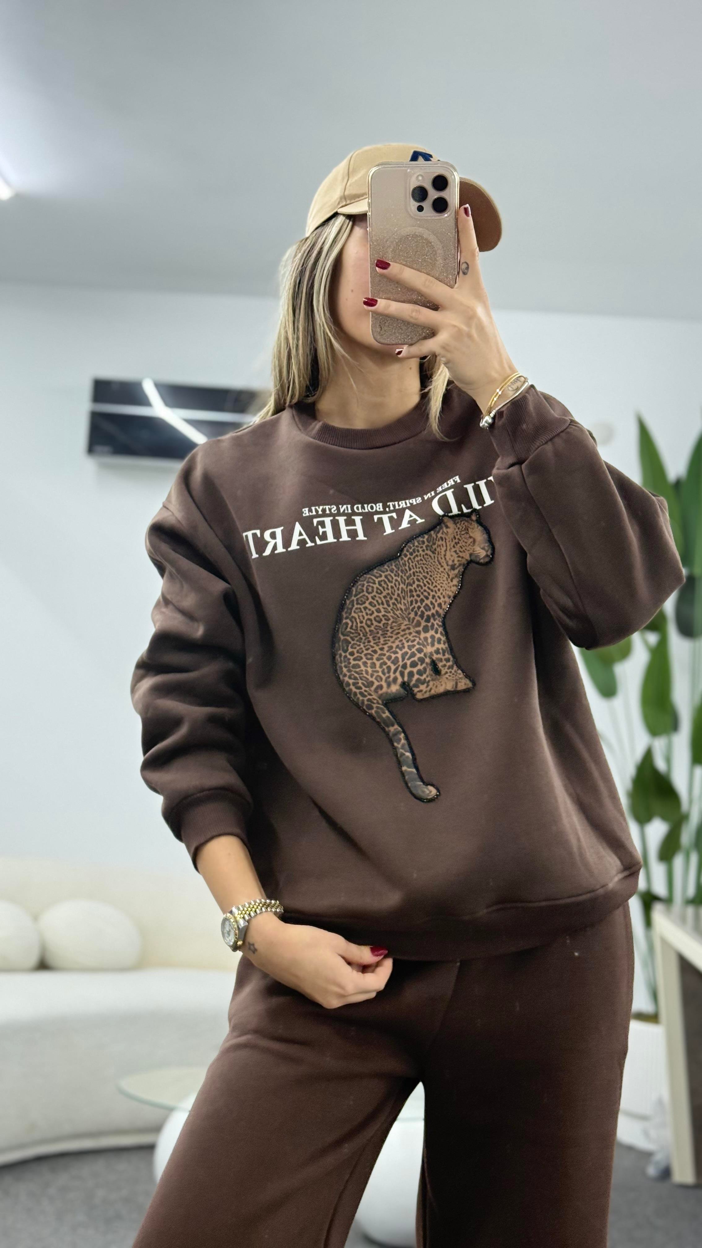 KİNSY LEOPAR DETAYLI KAHVERENGİ SEATSHIRT