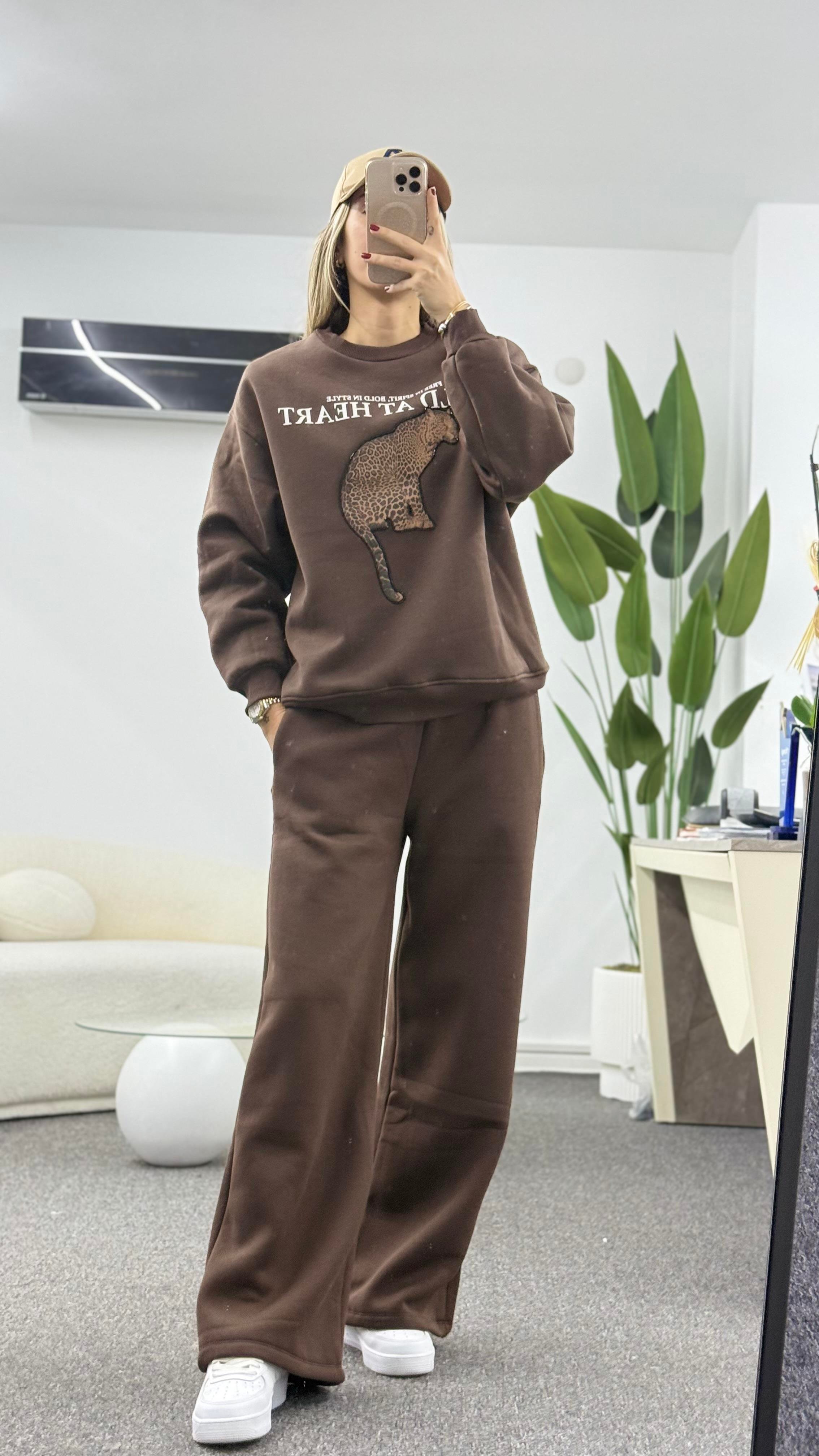 KİNSY LEOPAR DETAYLI KAHVERENGİ SEATSHIRT