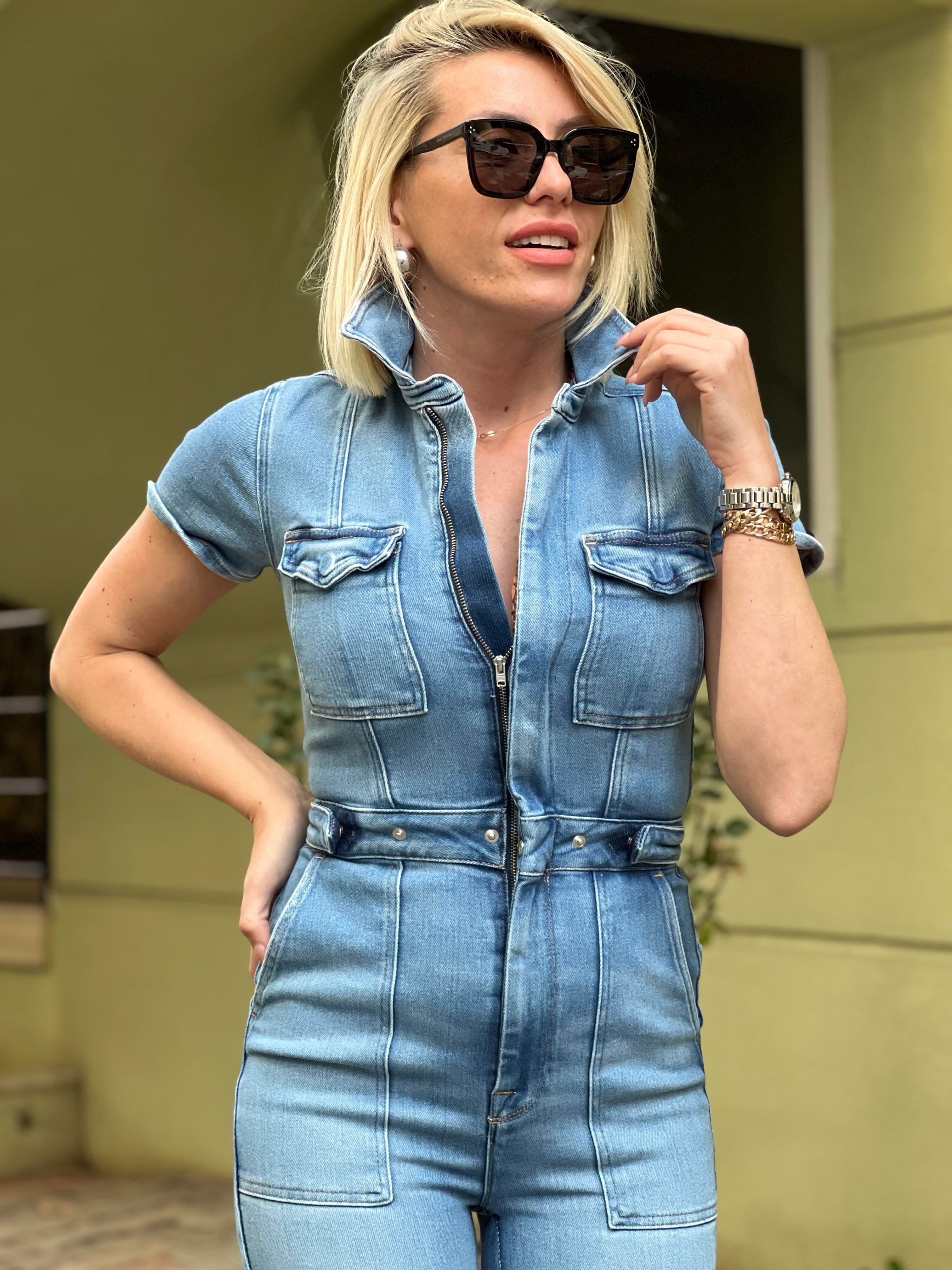 Kısa Kollu Kot Rengi Kot tulum 