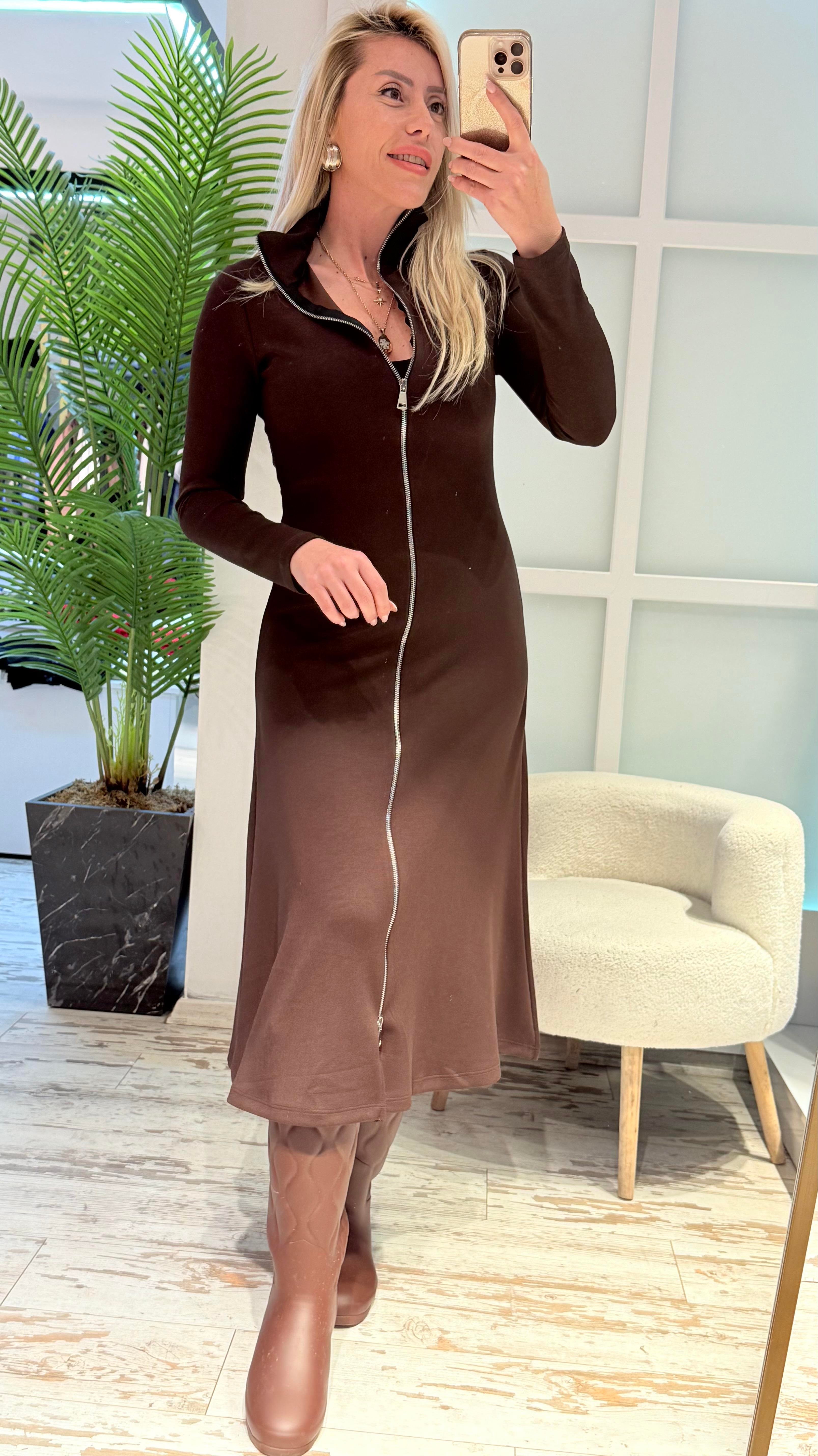 LEVİN FERMUAR DETAYLI KAHVE ELBİSE