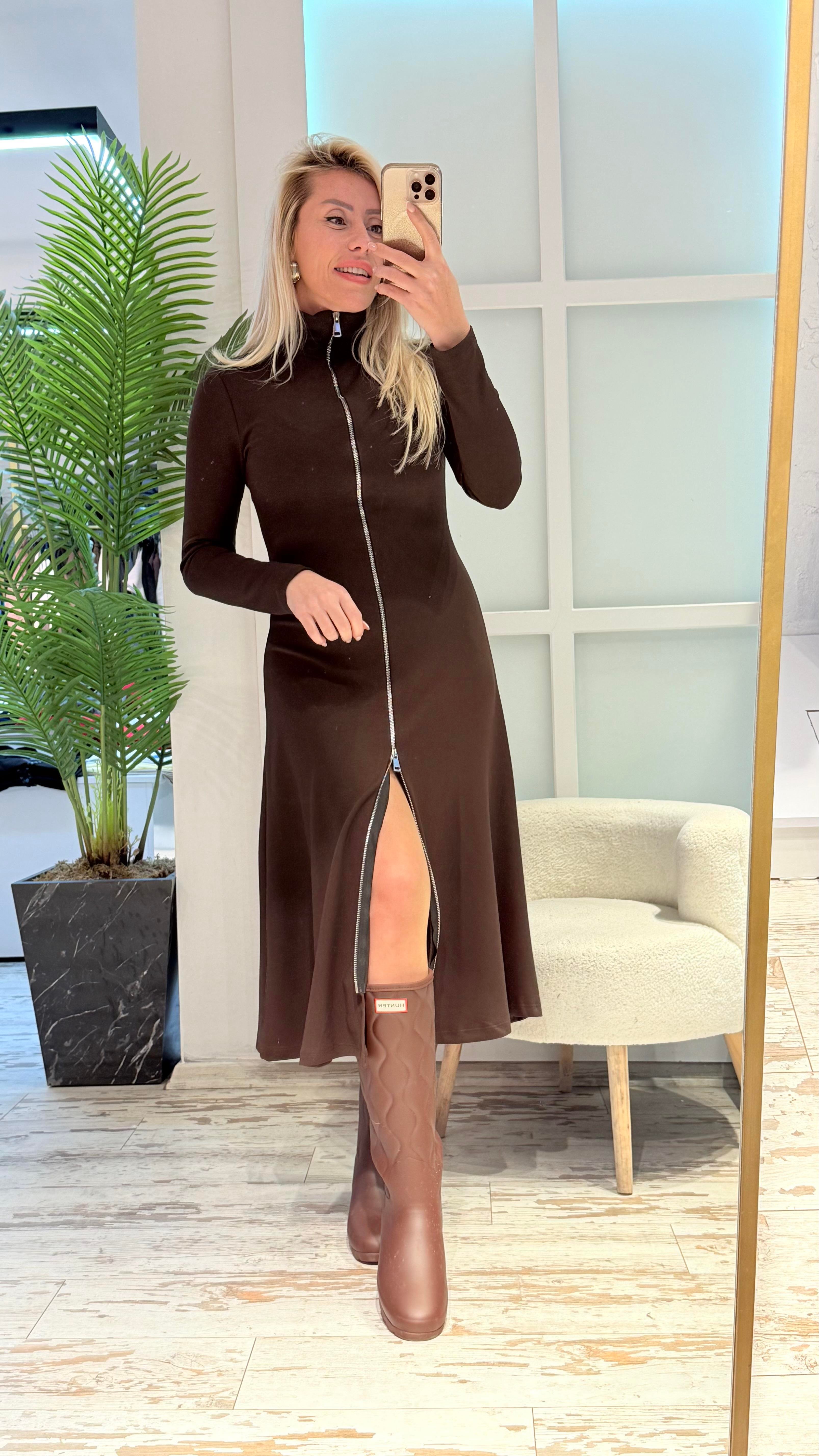 LEVİN FERMUAR DETAYLI KAHVE ELBİSE