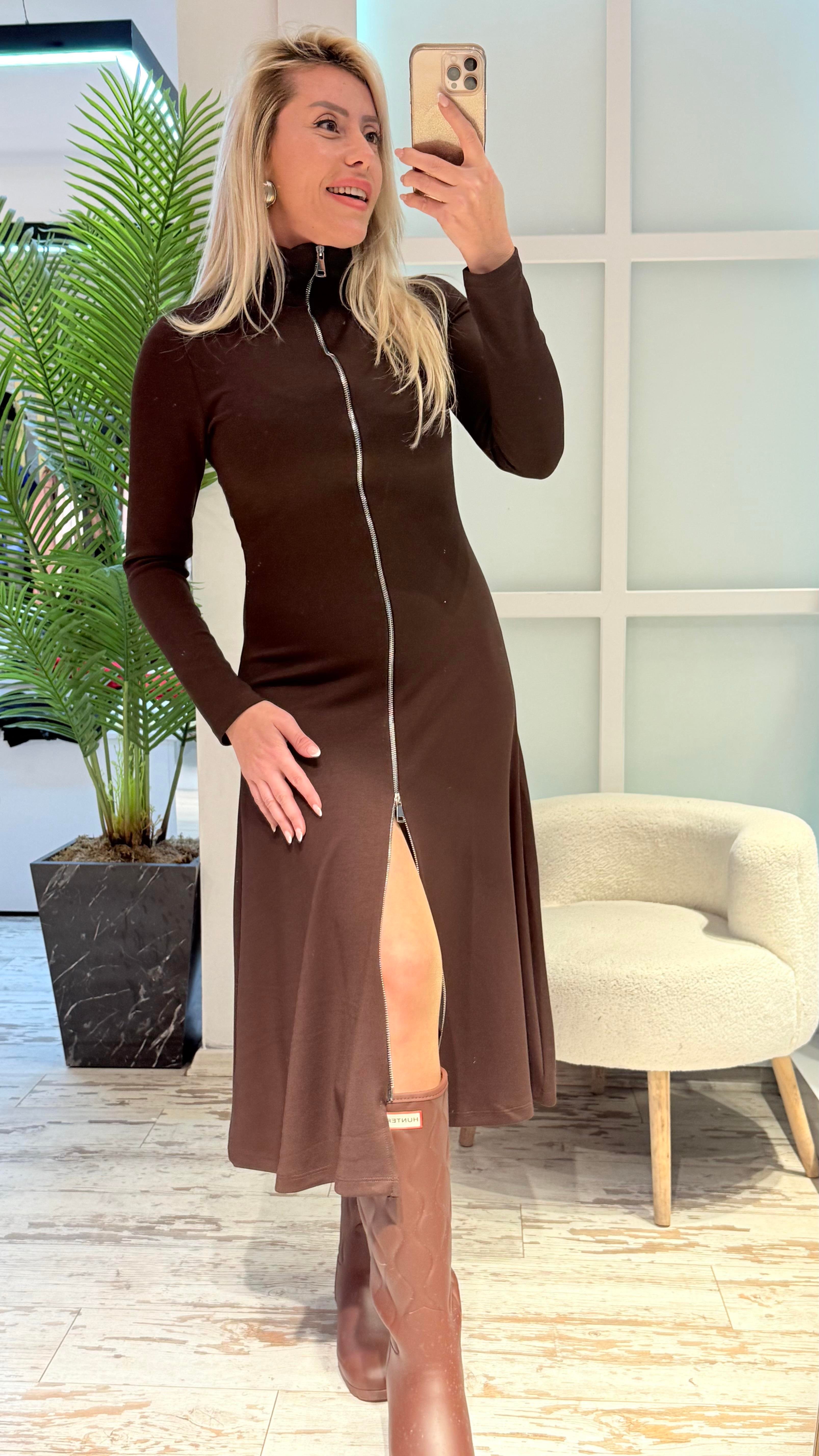 LEVİN FERMUAR DETAYLI KAHVE ELBİSE