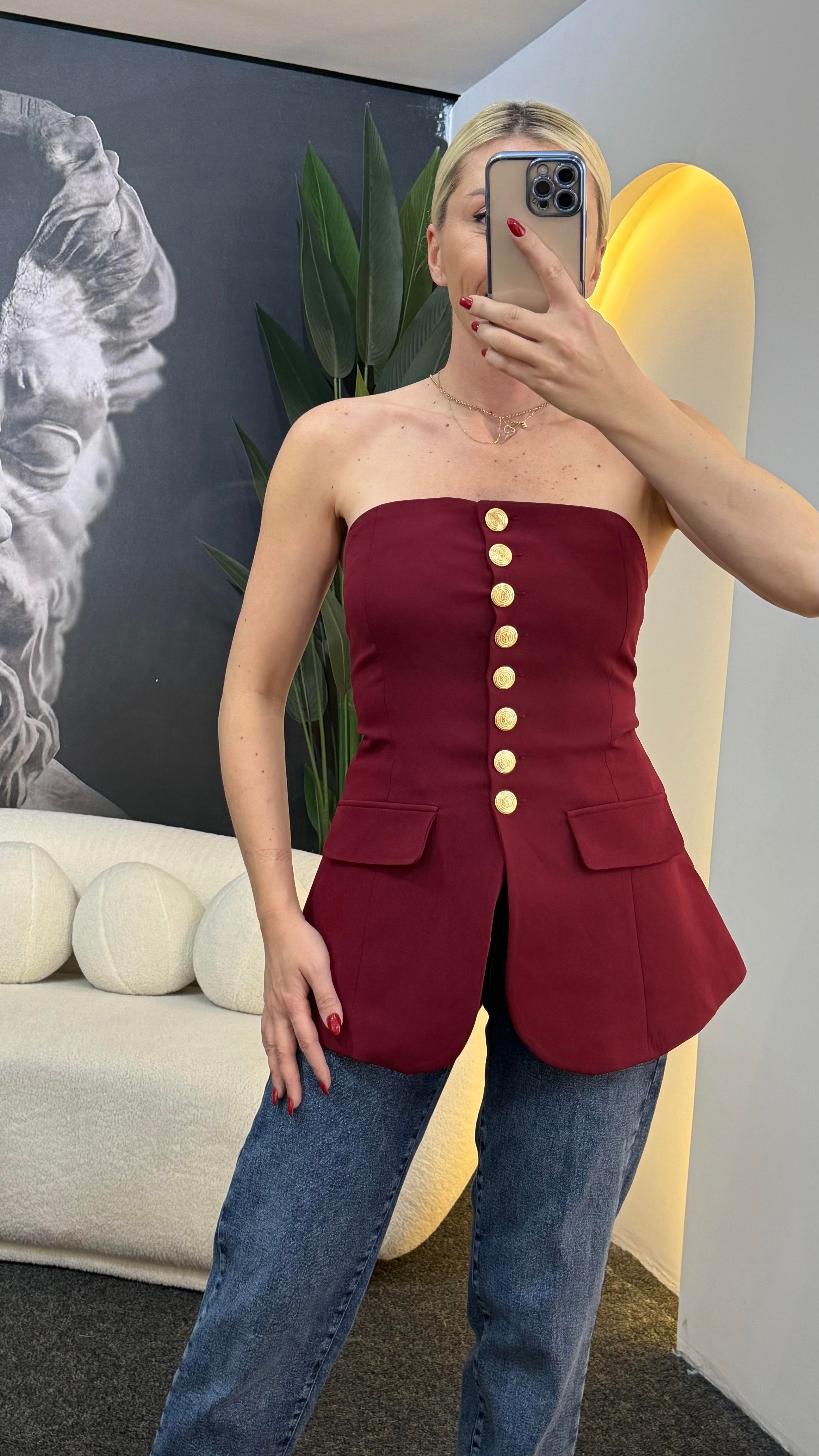Moni Bordo Gold Düğmeli Straplez Yelek