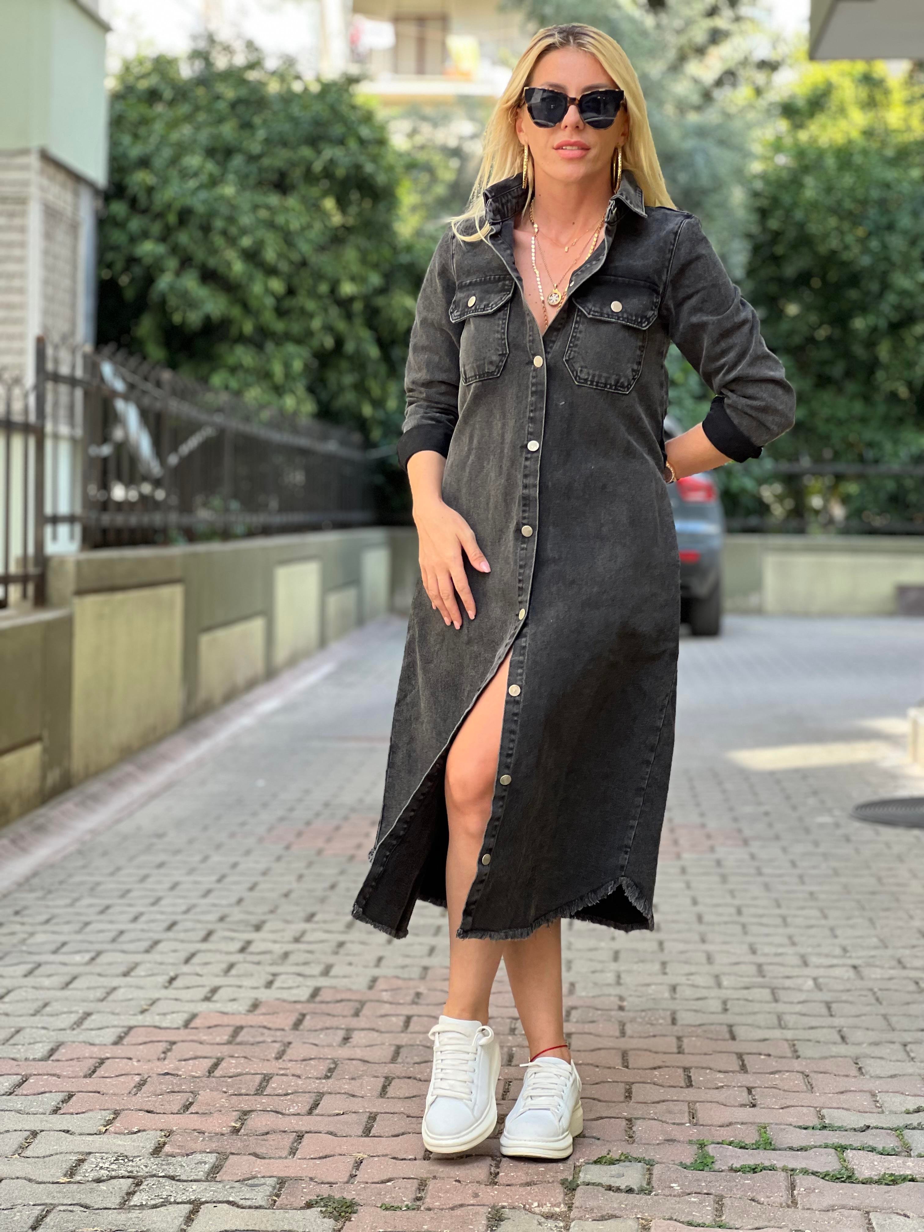 Sİyah eskitme uzun kollu elbise 