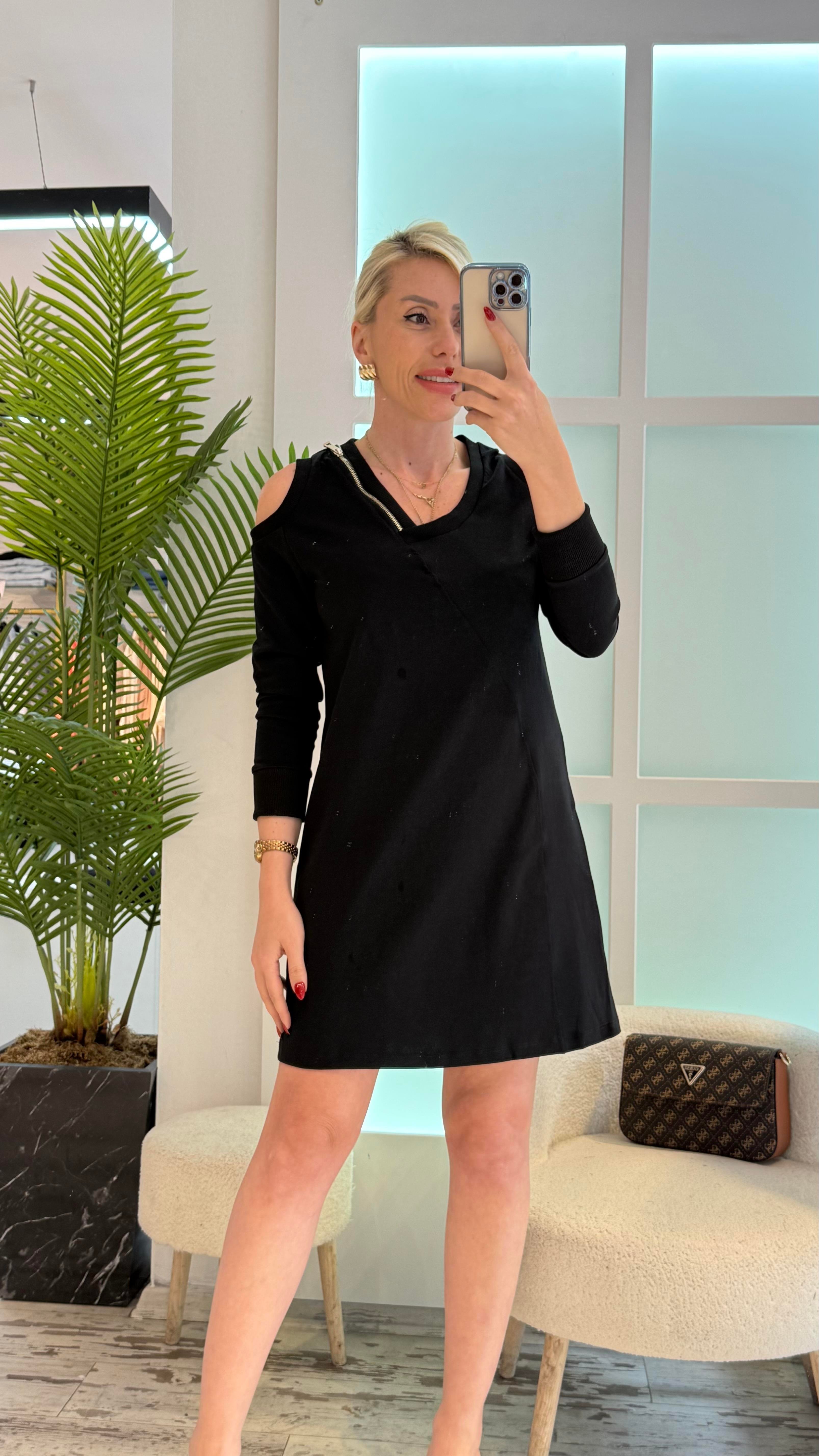 Siyah Fermuar Detaylı Elbise