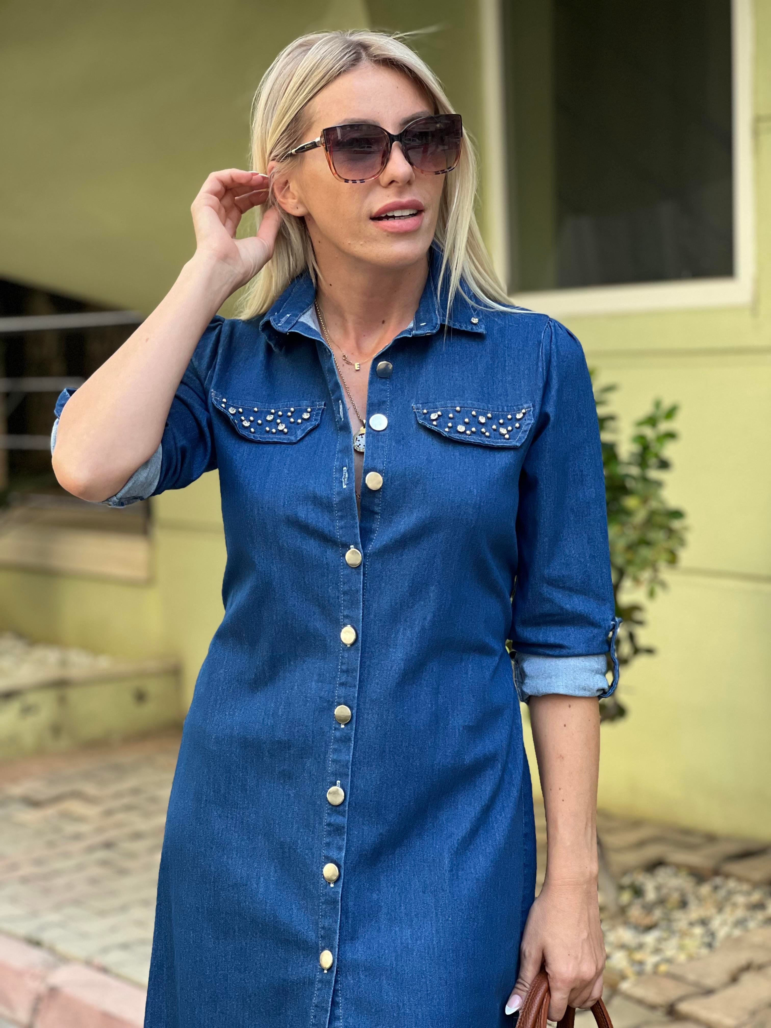 Taş detaylı jean elbise 