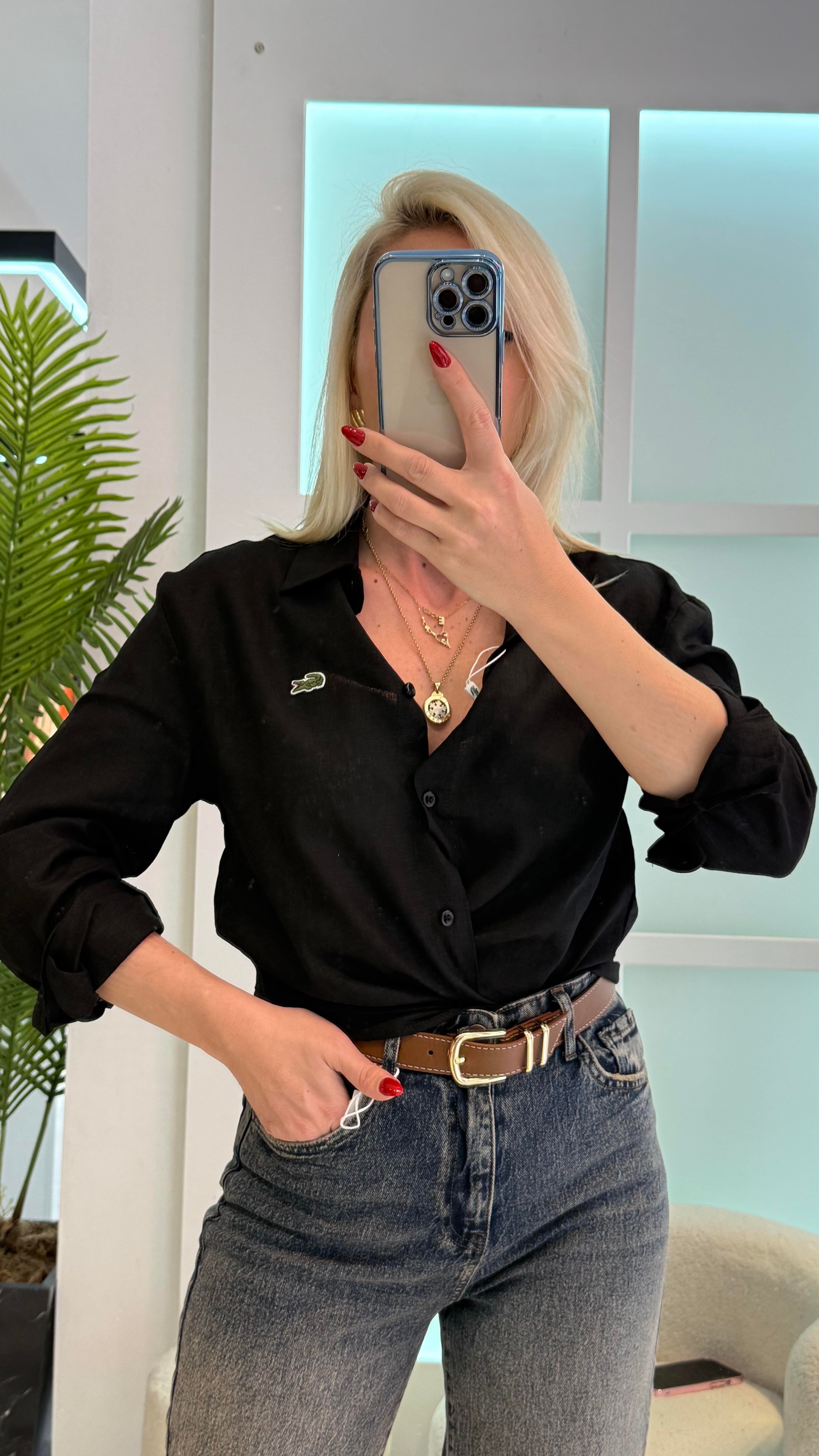 True Siyah Keten Gömlek