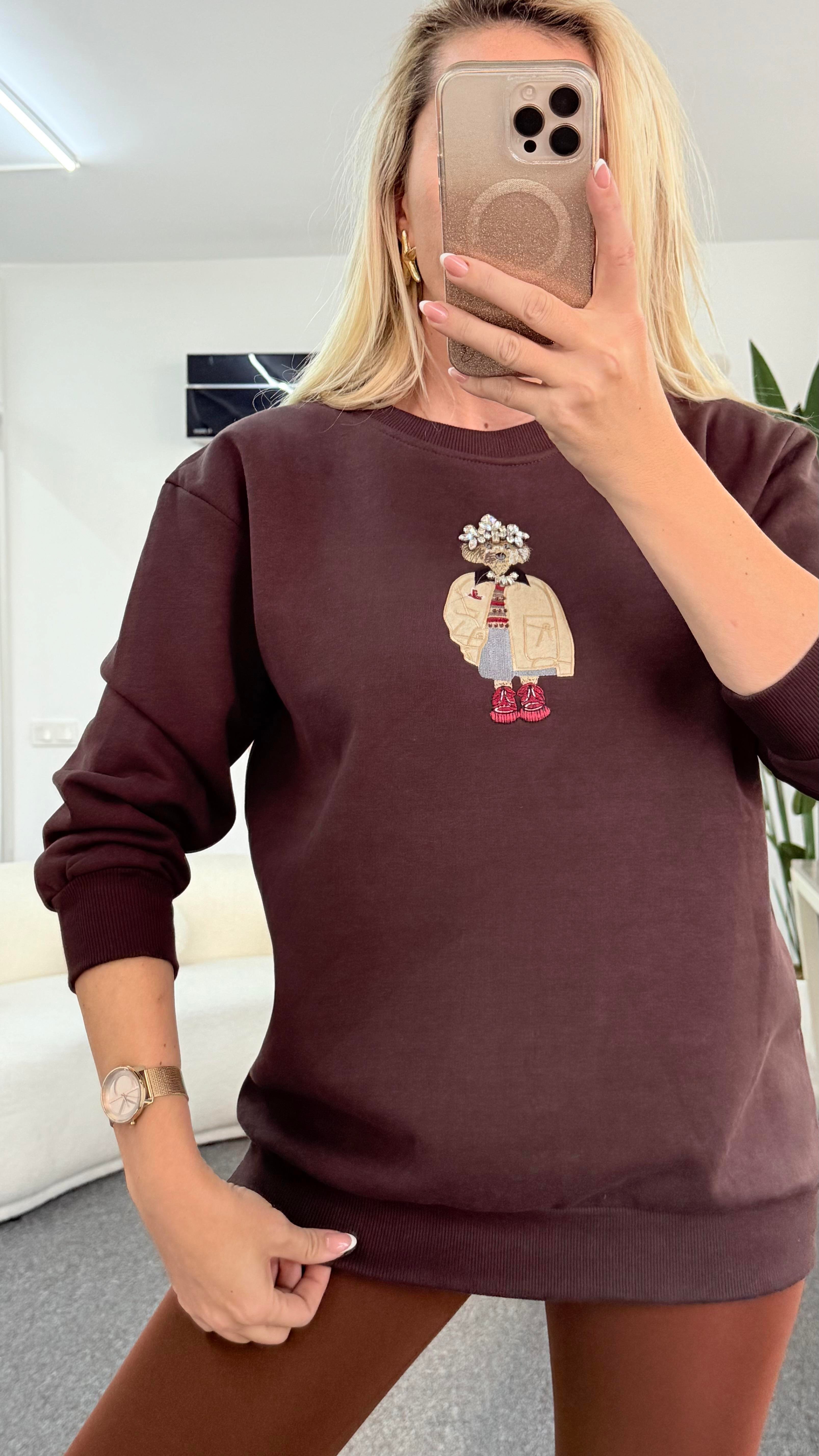 WONS AYICIK İŞLEMELİ KAHVERENGİ SWEATSHIRT