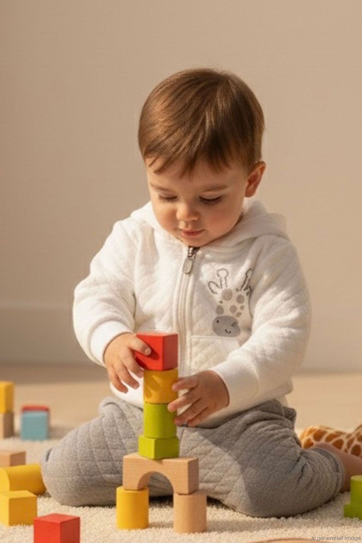 Breeze Erkek Bebek Eşofman Takımı Sevimli Zürafa Baskılı Kapitone Desenli Ekru (6 Ay-1.5 Yaş)