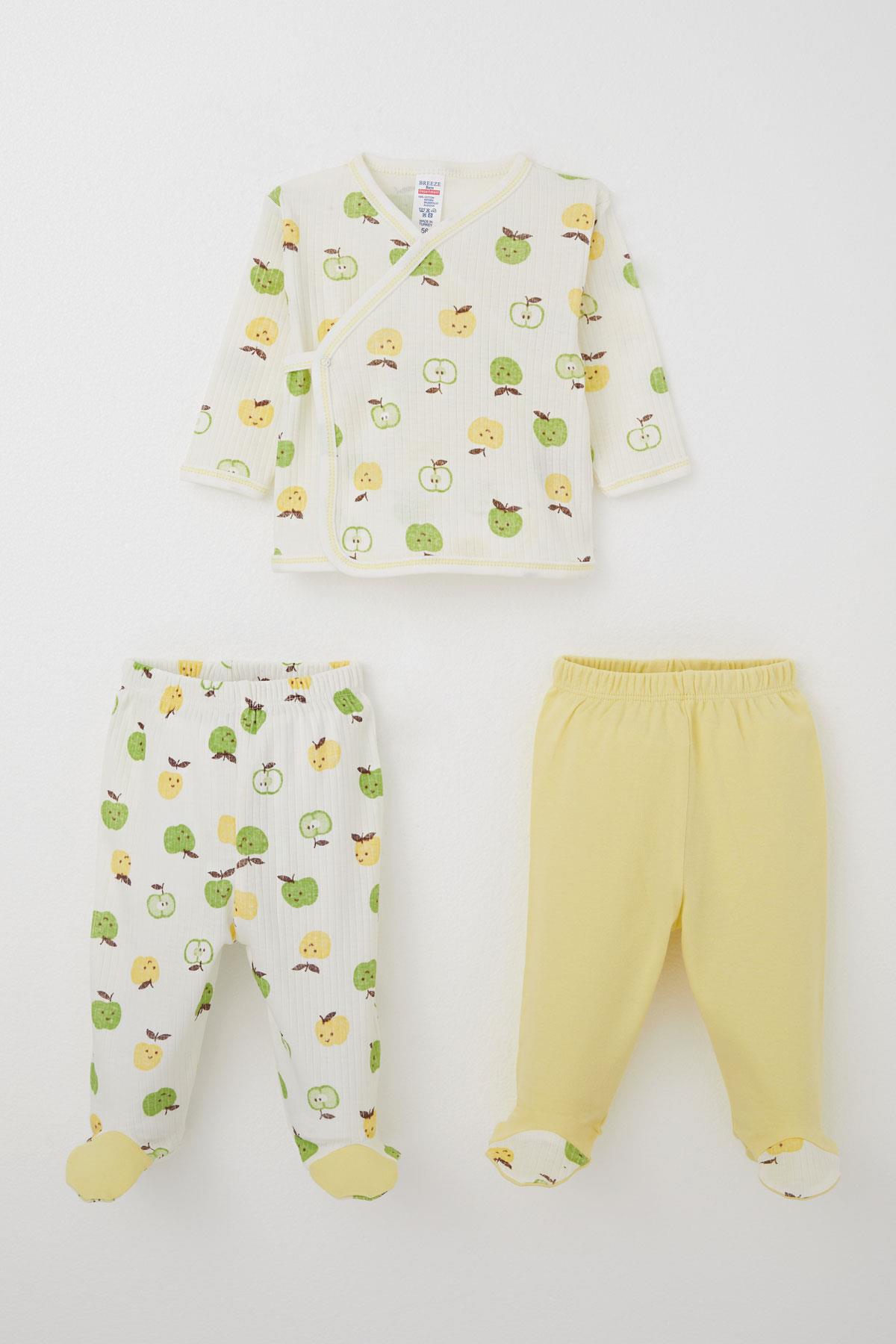 Breeze Erkek Bebek Hastane Çıkışı 3 lü Sevimli Minik Elma Desenli Ekru (0-4 Ay)