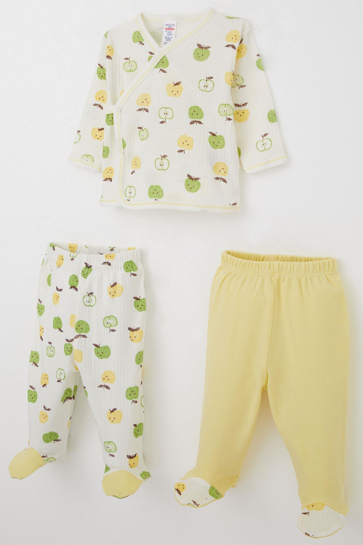 Breeze Erkek Bebek Hastane Çıkışı 3 lü Sevimli Minik Elma Desenli Ekru (0-4 Ay)