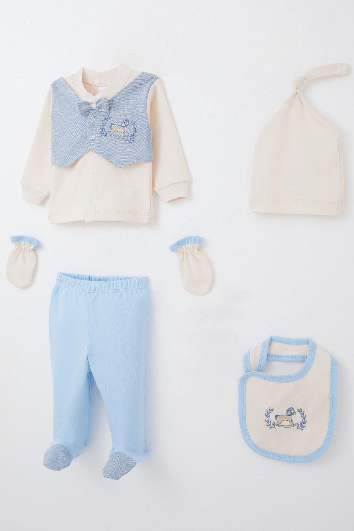 Breeze Erkek Bebek Hastane Çıkışı 5 li Sabit Papyonlu Yelekli Sevimli At Nakışlı Krem (0-3 Ay)