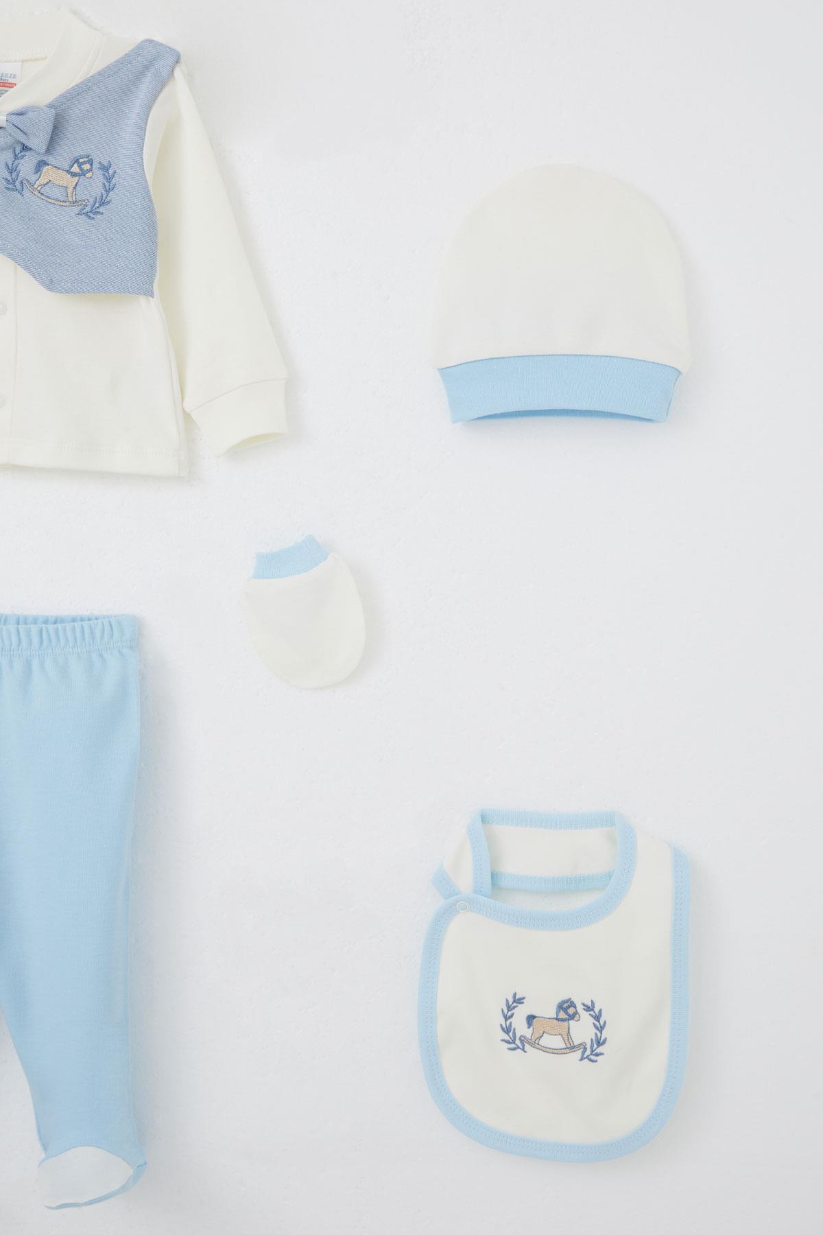 Breeze Erkek Bebek Hastane Çıkışı 5 li Sabit Papyonlu Yelekli Sevimli At Nakışlı Ekru (0-3 Ay)