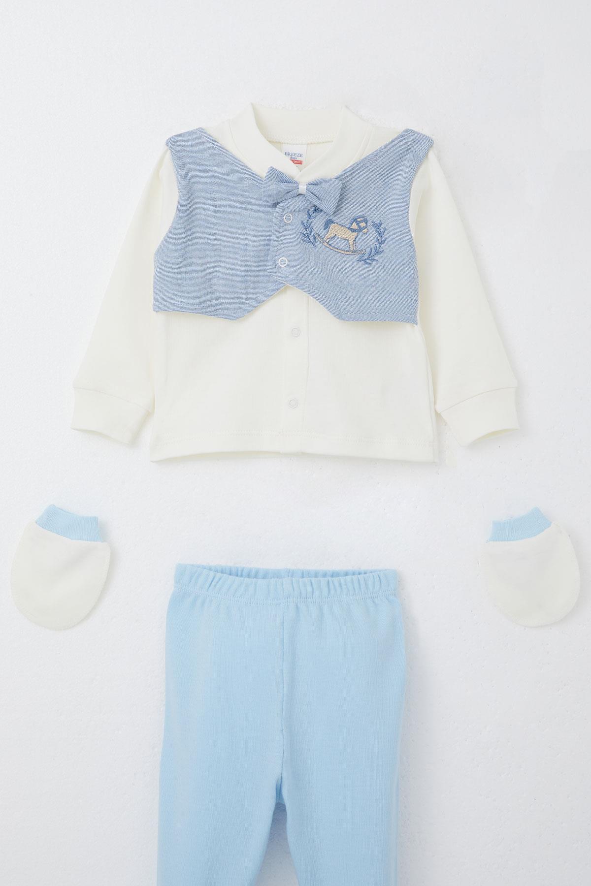 Breeze Erkek Bebek Hastane Çıkışı 5 li Sabit Papyonlu Yelekli Sevimli At Nakışlı Ekru (0-3 Ay)