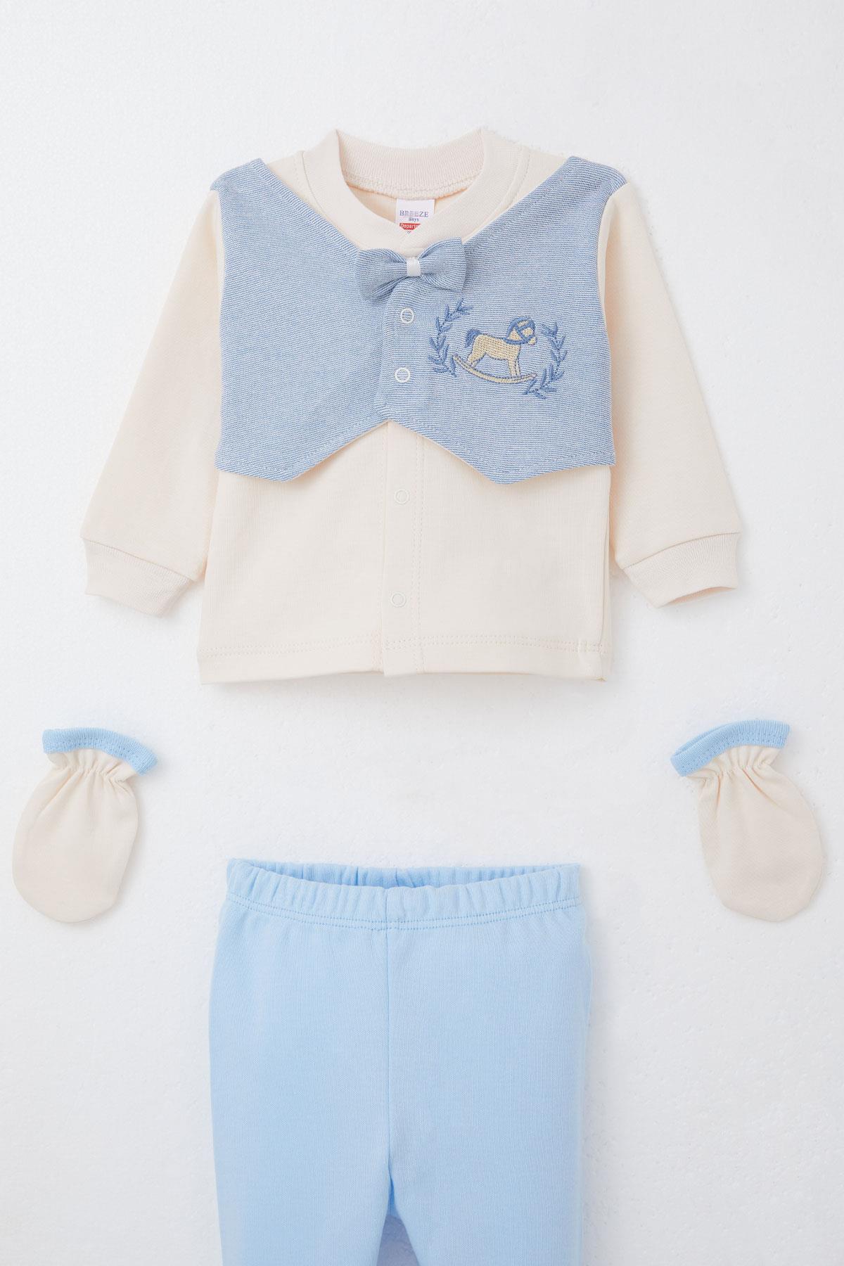 Breeze Erkek Bebek Hastane Çıkışı 5 li Sabit Papyonlu Yelekli Sevimli At Nakışlı Krem (0-3 Ay)