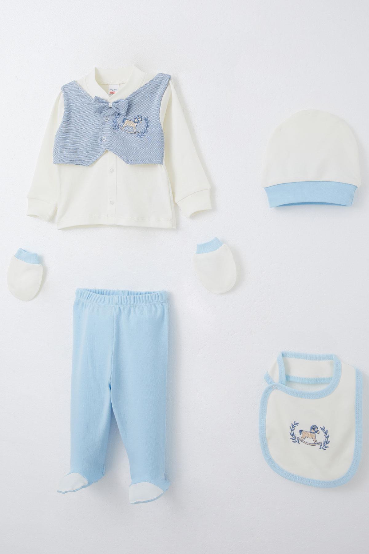 Breeze Erkek Bebek Hastane Çıkışı 5 li Sabit Papyonlu Yelekli Sevimli At Nakışlı Ekru (0-3 Ay)