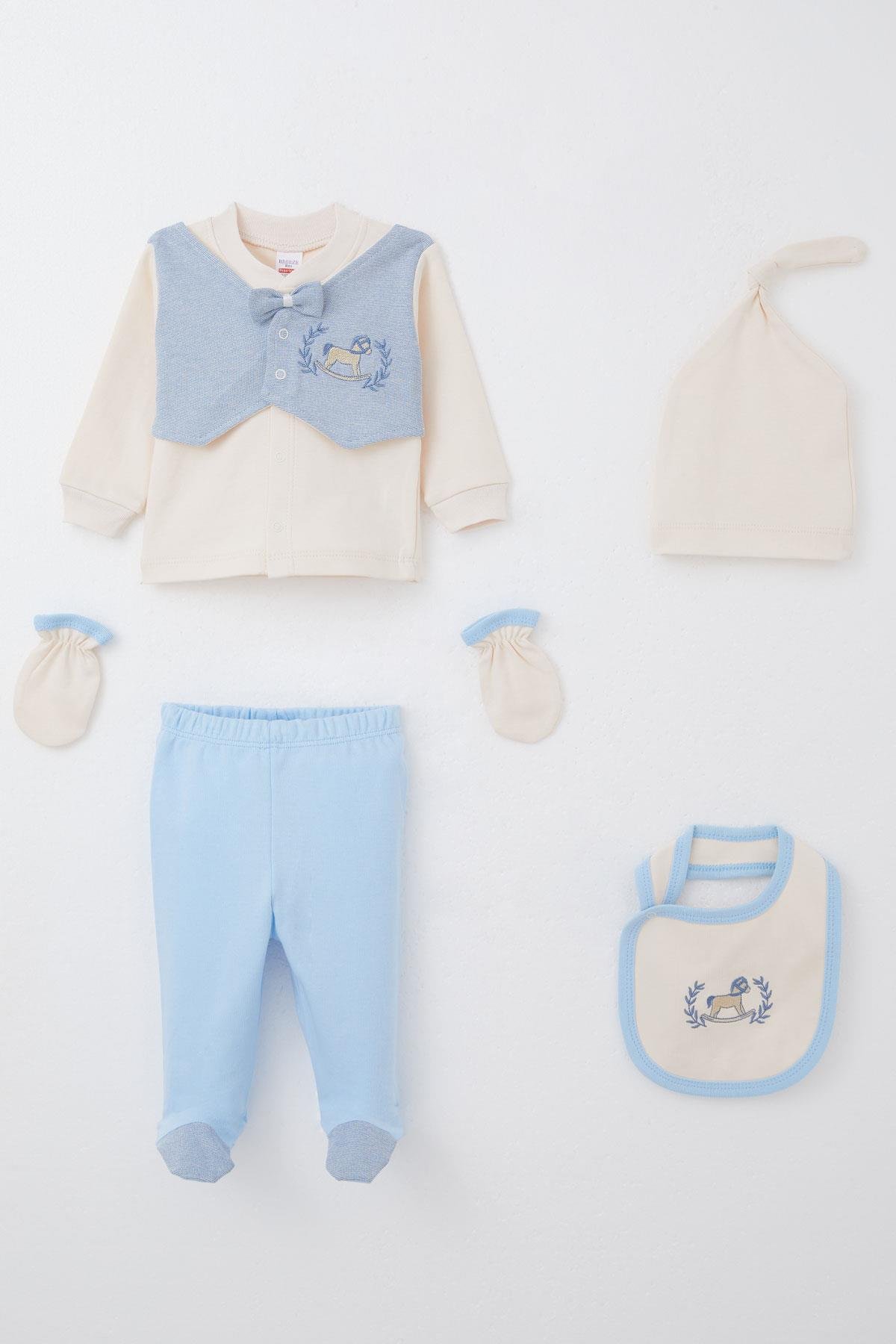 Breeze Erkek Bebek Hastane Çıkışı 5 li Sabit Papyonlu Yelekli Sevimli At Nakışlı Krem (0-3 Ay)