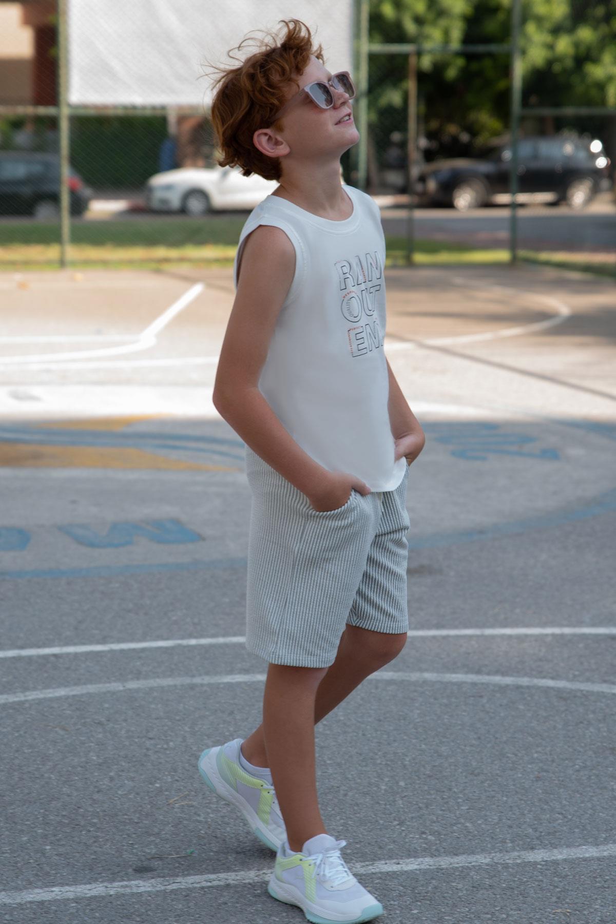 Breeze Erkek Çocuk Şortlu Takım Sıfır Kollu Yazı Baskılı Bağcık Aksesuarlı Beyaz (8-14 Yaş)