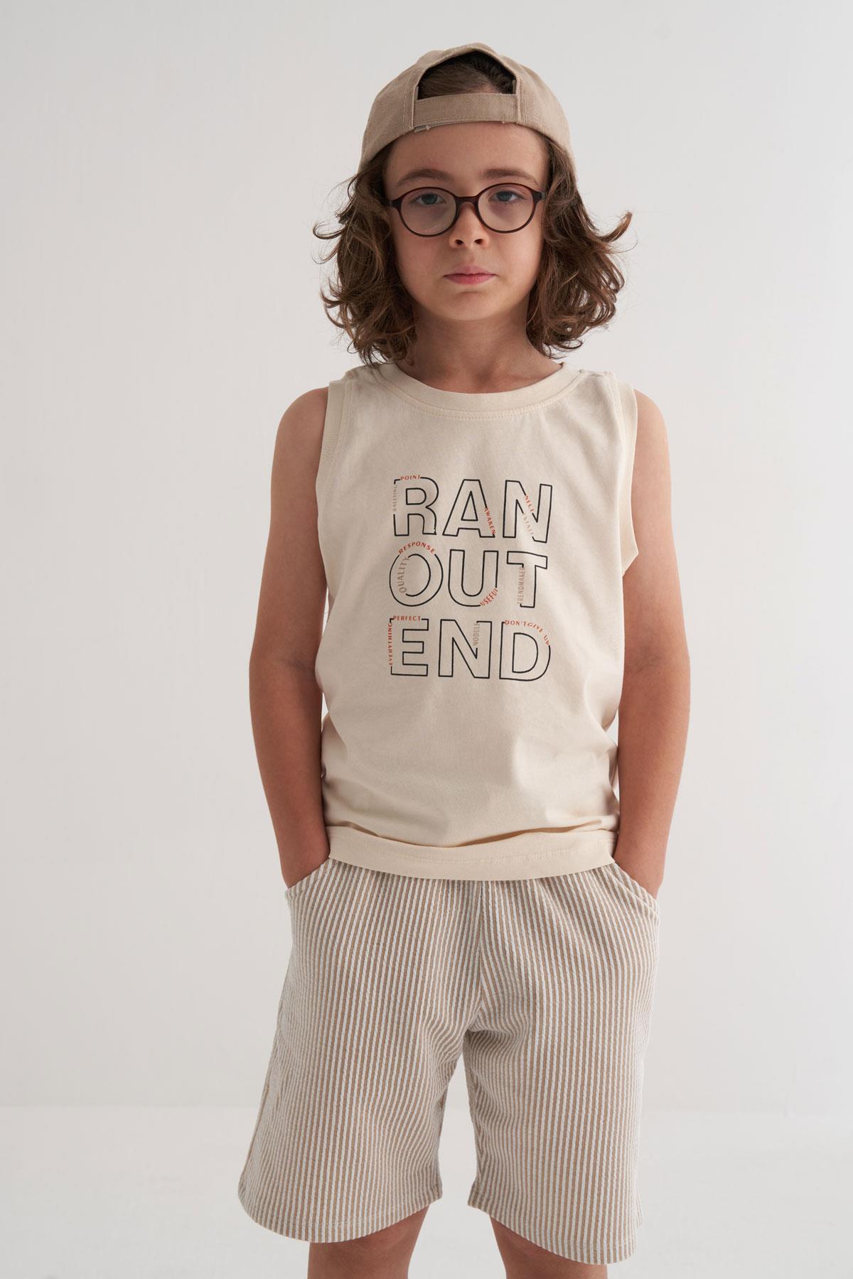 Breeze Erkek Çocuk Şortlu Takım Sıfır Kollu Yazı Baskılı Bağcık Aksesuarlı Krem (8-14 Yaş)