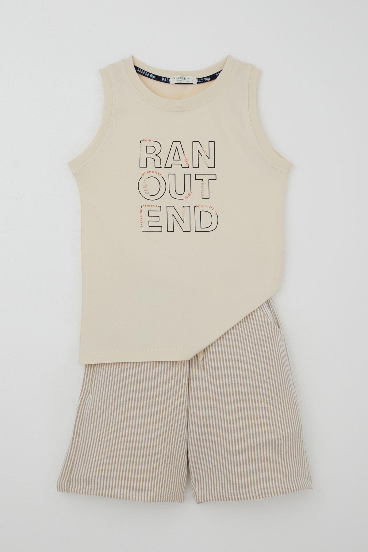 Breeze Erkek Çocuk Şortlu Takım Sıfır Kollu Yazı Baskılı Bağcık Aksesuarlı Krem (8-14 Yaş)