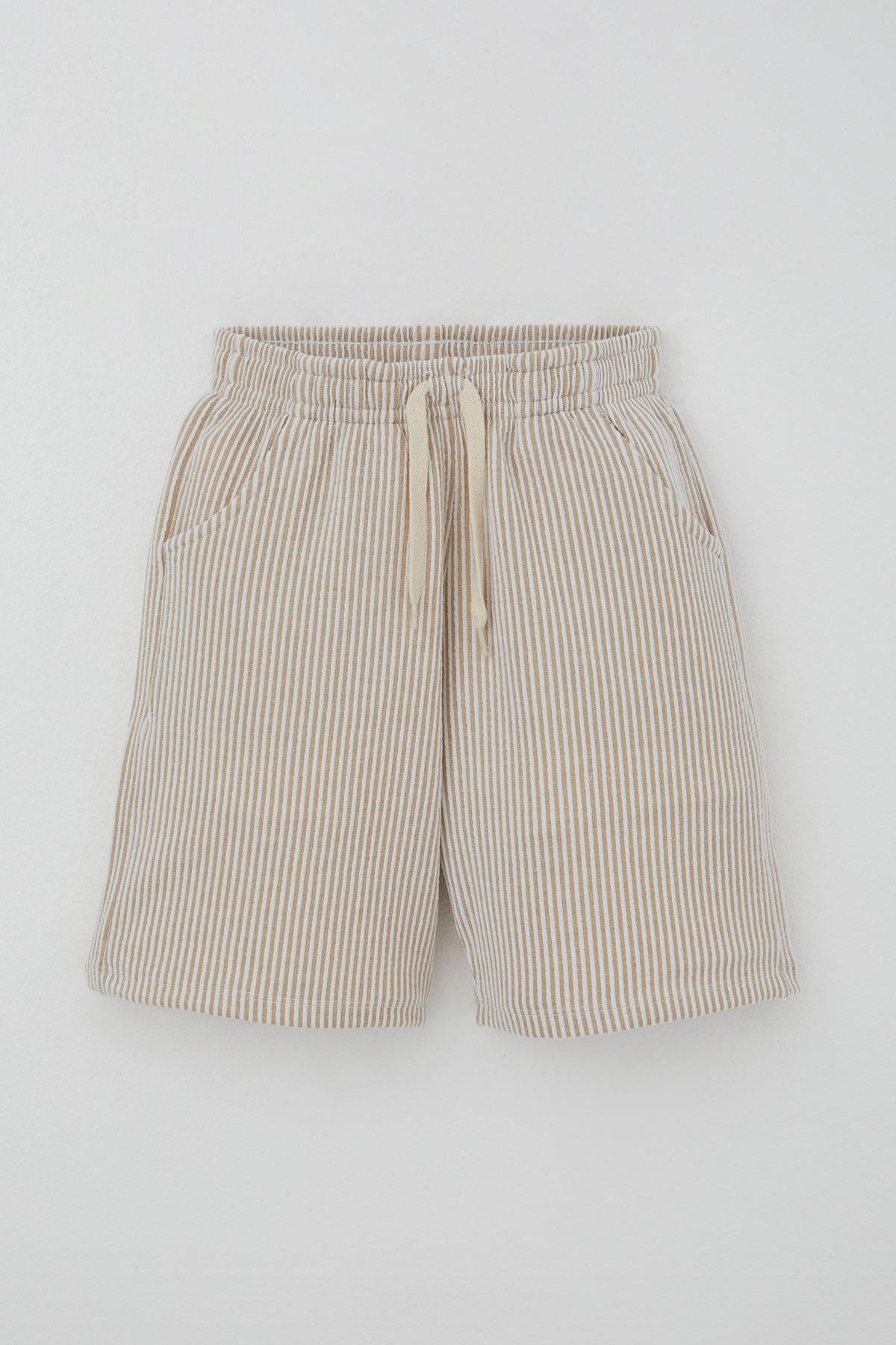 Breeze Erkek Çocuk Şortlu Takım Sıfır Kollu Yazı Baskılı Bağcık Aksesuarlı Krem (8-14 Yaş)