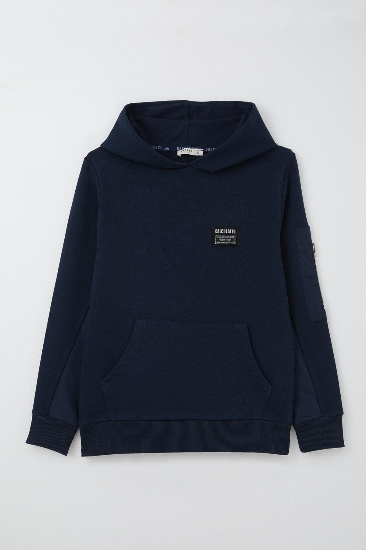 Breeze Erkek Çocuk Sweatshirt Armalı Kolu Cepli Fermuarlı Lacivert (9-14 Yaş)