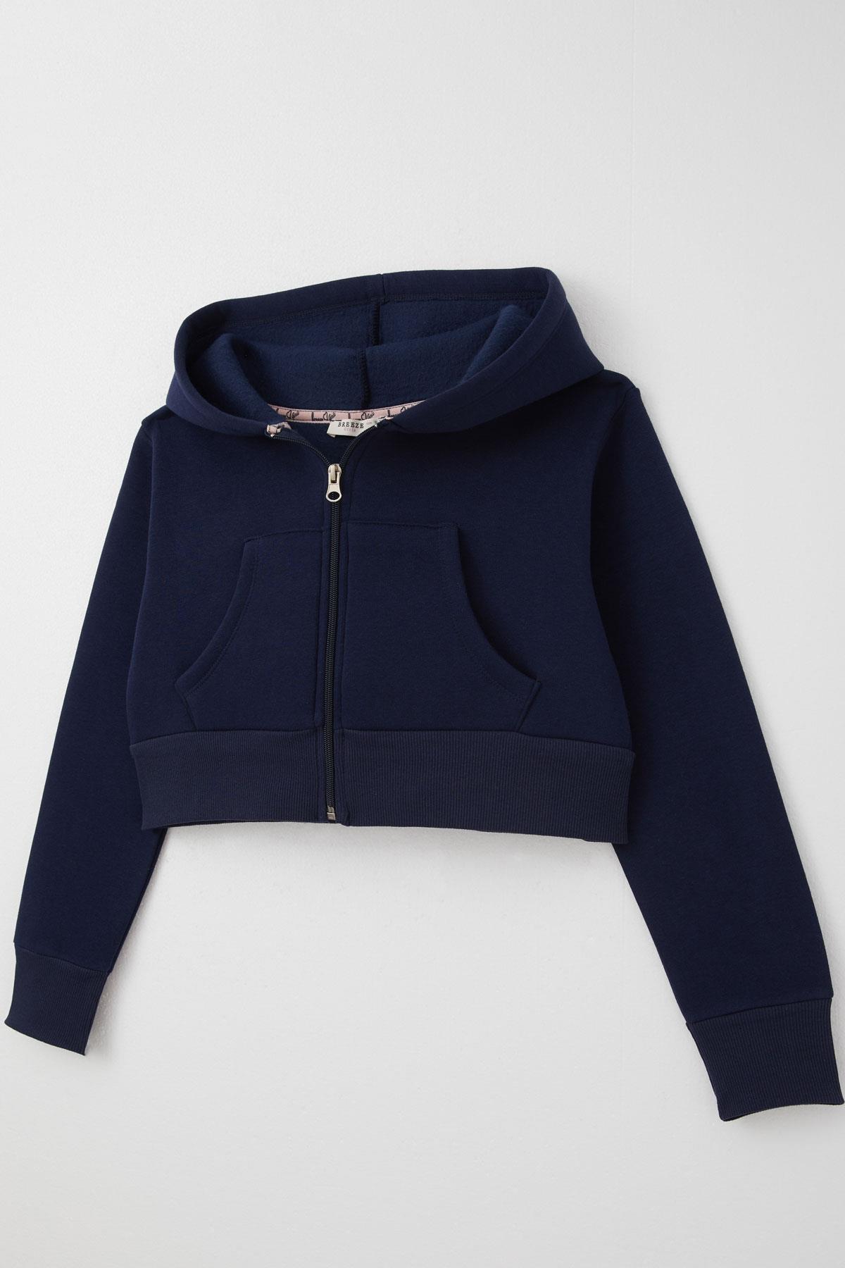 Breeze Kız Çocuk Crop Hırka Fermuarlı Kapüşonlu Lacivert (8-14 Yaş)