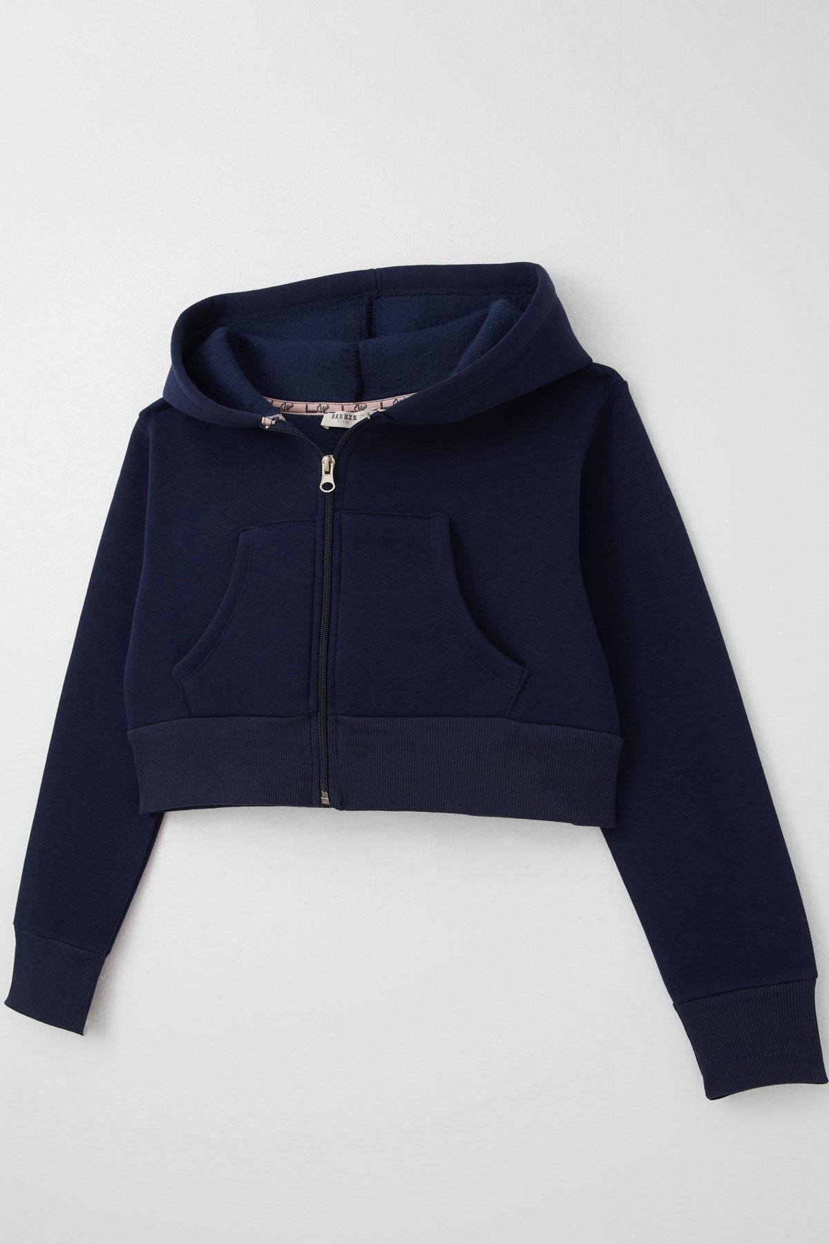 Breeze Kız Çocuk Crop Hırka Fermuarlı Kapüşonlu Lacivert (8-14 Yaş)