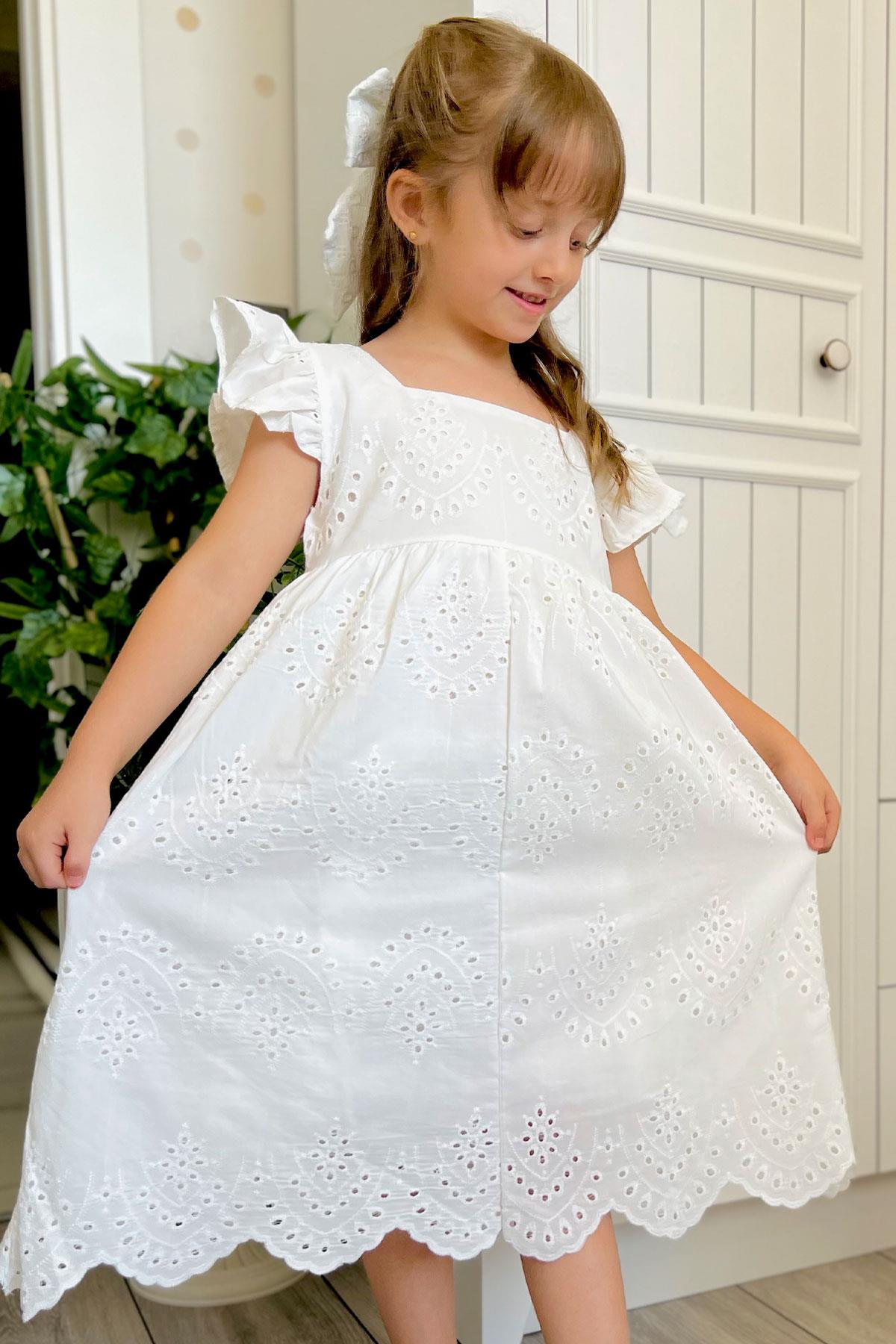 Breeze Kız Çocuk Elbise Çiçek Nakışlı Arka Kısmı Fermuarlı Ekru (3-8 Yaş)