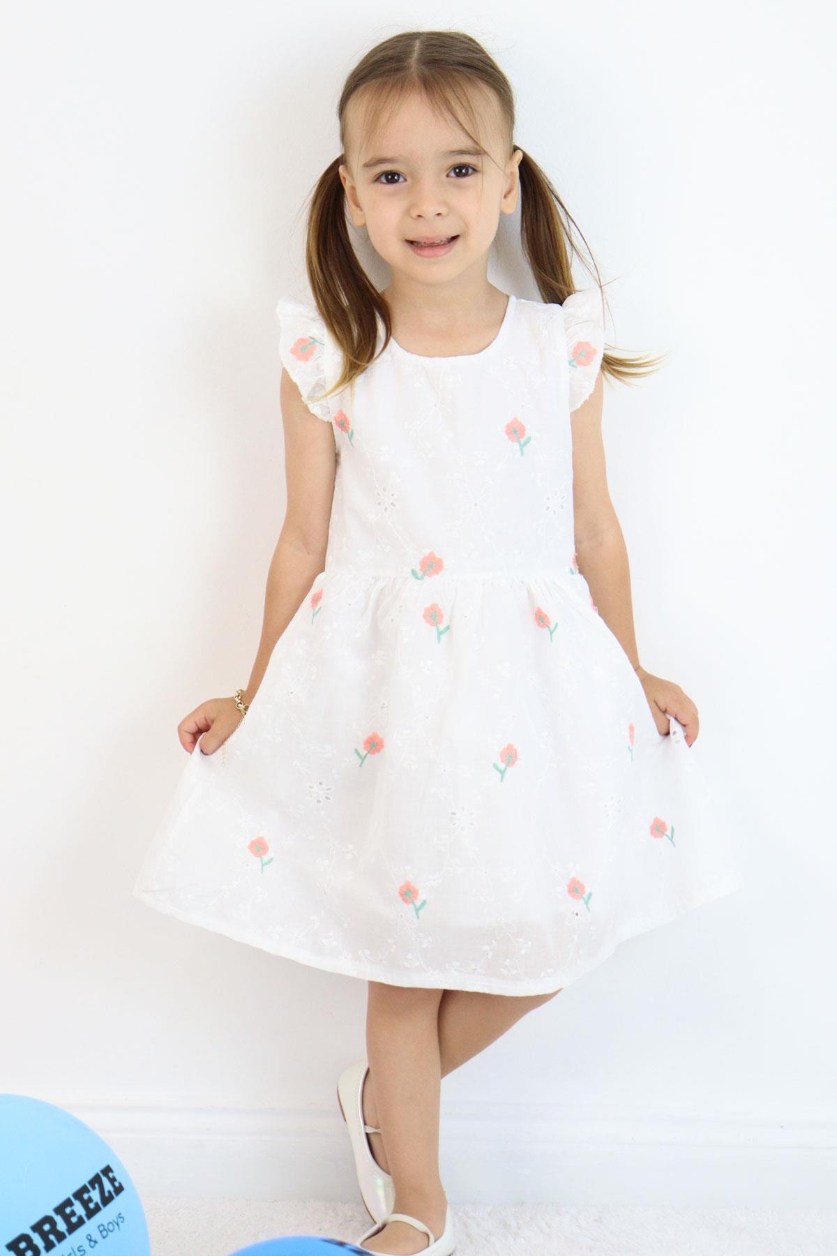 Breeze Kız Çocuk Elbise Çiçek Nakışlı Güpür Detaylı Ekru (3-7 Yaş)
