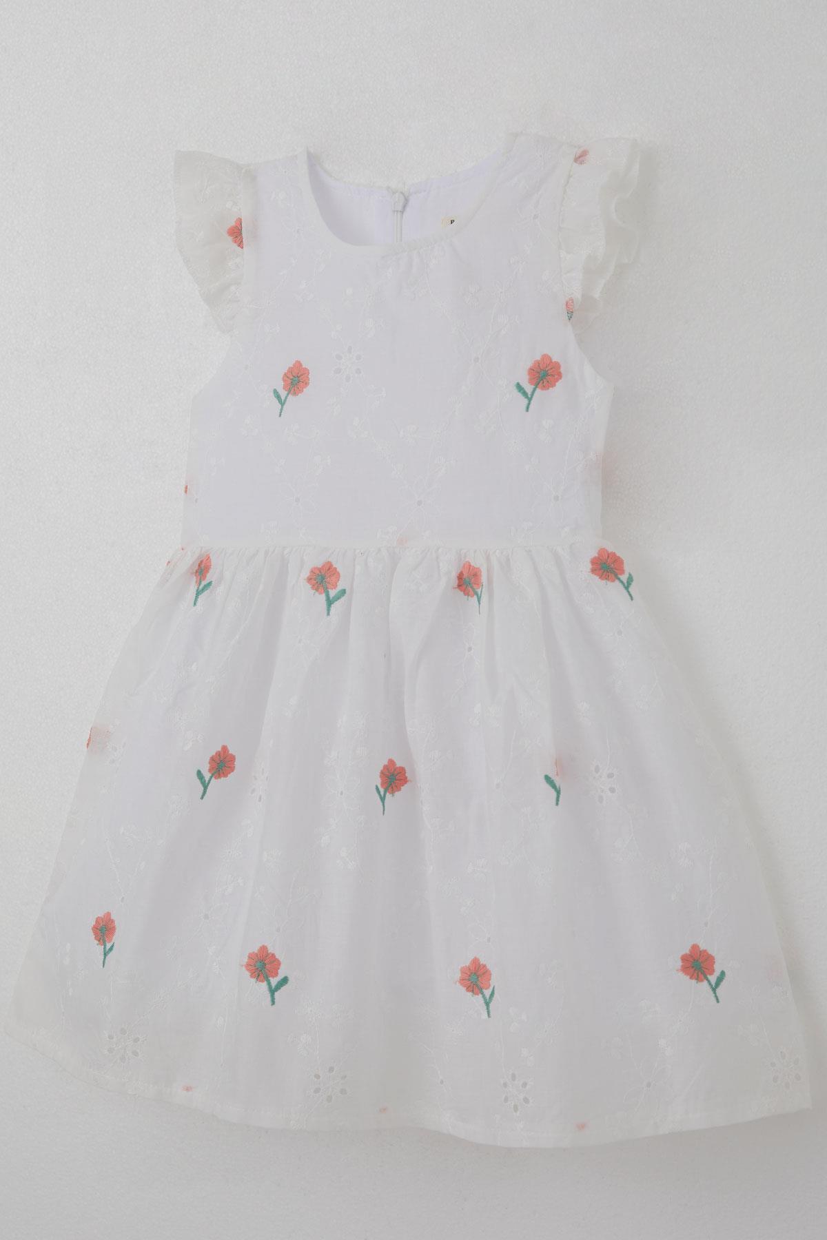 Breeze Kız Çocuk Elbise Çiçek Nakışlı Güpür Detaylı Ekru (3-7 Yaş)