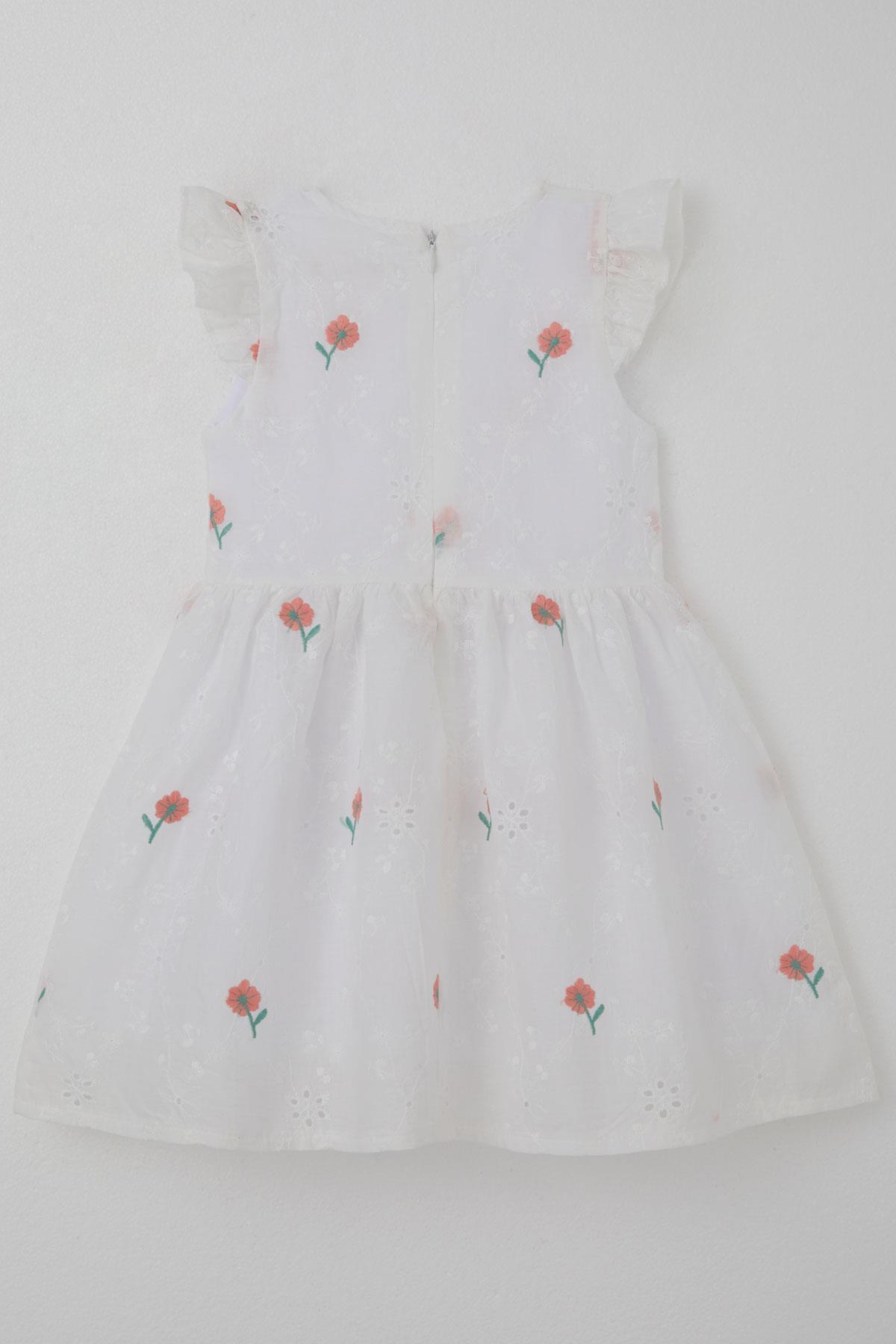 Breeze Kız Çocuk Elbise Çiçek Nakışlı Güpür Detaylı Ekru (3-7 Yaş)