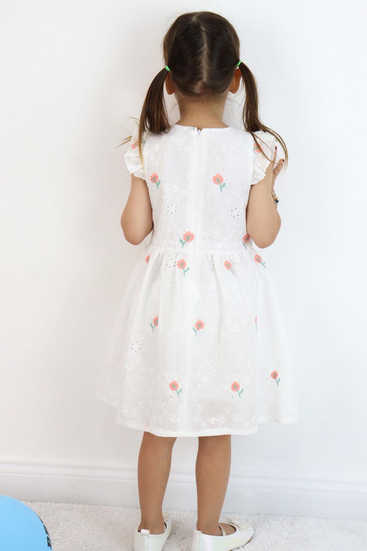 Breeze Kız Çocuk Elbise Çiçek Nakışlı Güpür Detaylı Ekru (3-7 Yaş)