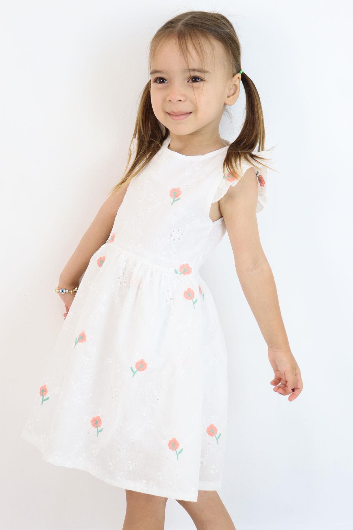 Breeze Kız Çocuk Elbise Çiçek Nakışlı Güpür Detaylı Ekru (3-7 Yaş)