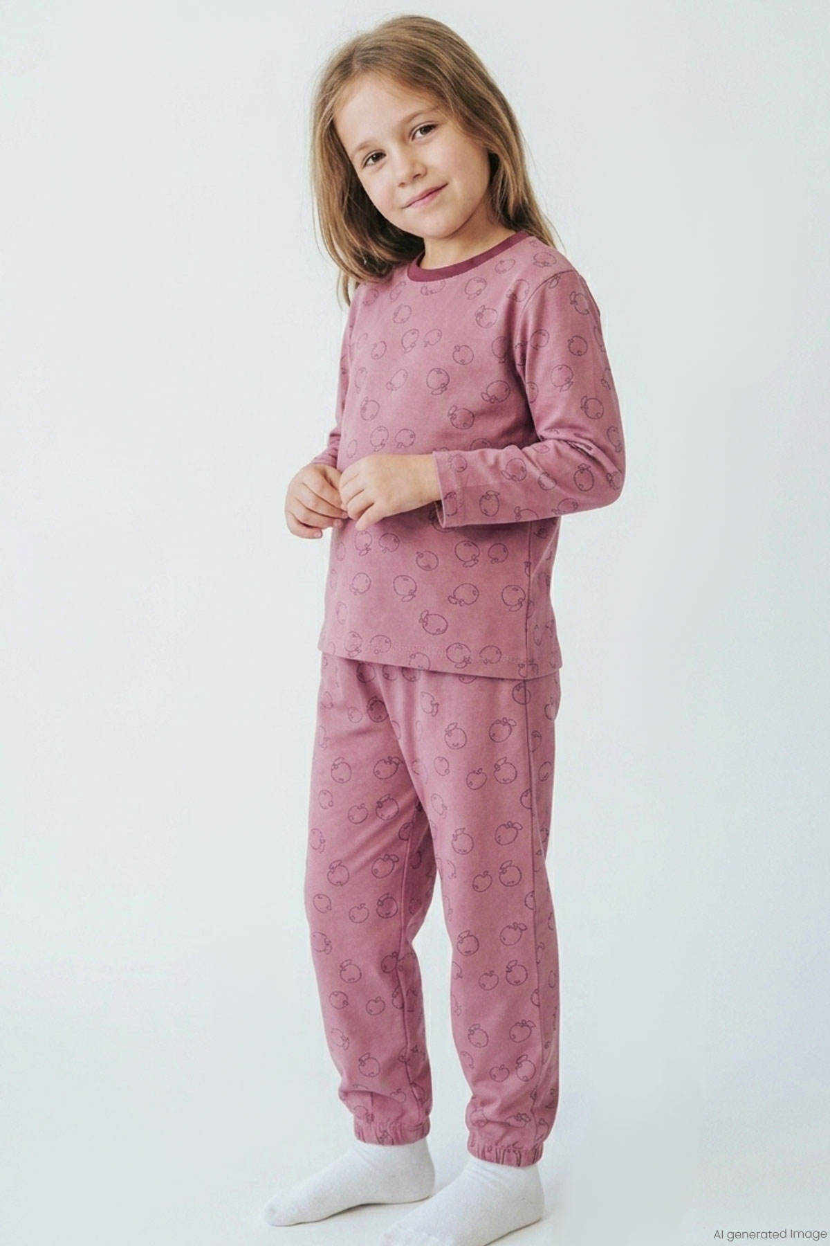 Breeze Kız Çocuk Pijama Takımı Elma Desenli Beli Paçası Lastikli Gülkurusu (4-8 Yaş)