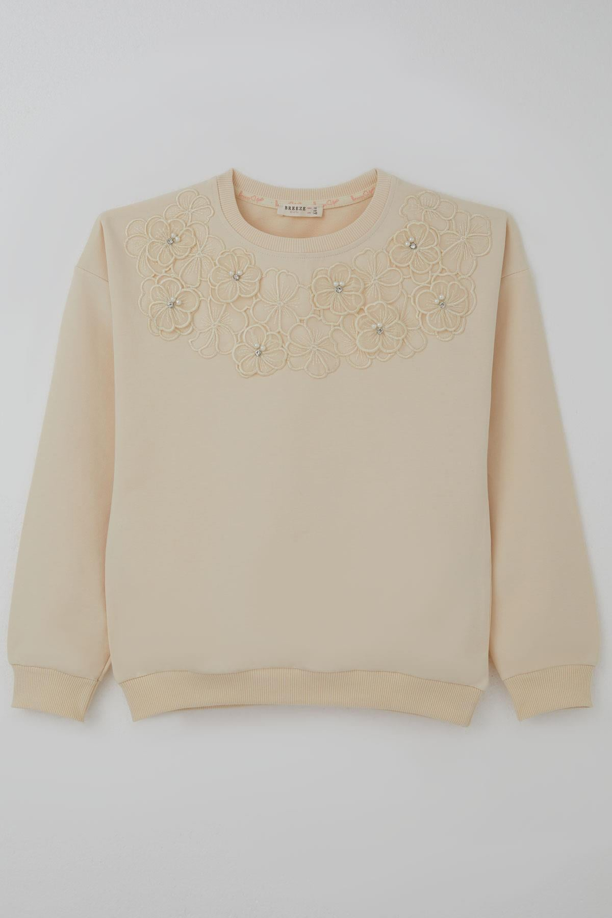 Breeze Kız Çocuk Sweatshirt İncili Çiçek Nakışlı Krem (9-14 Yaş)
