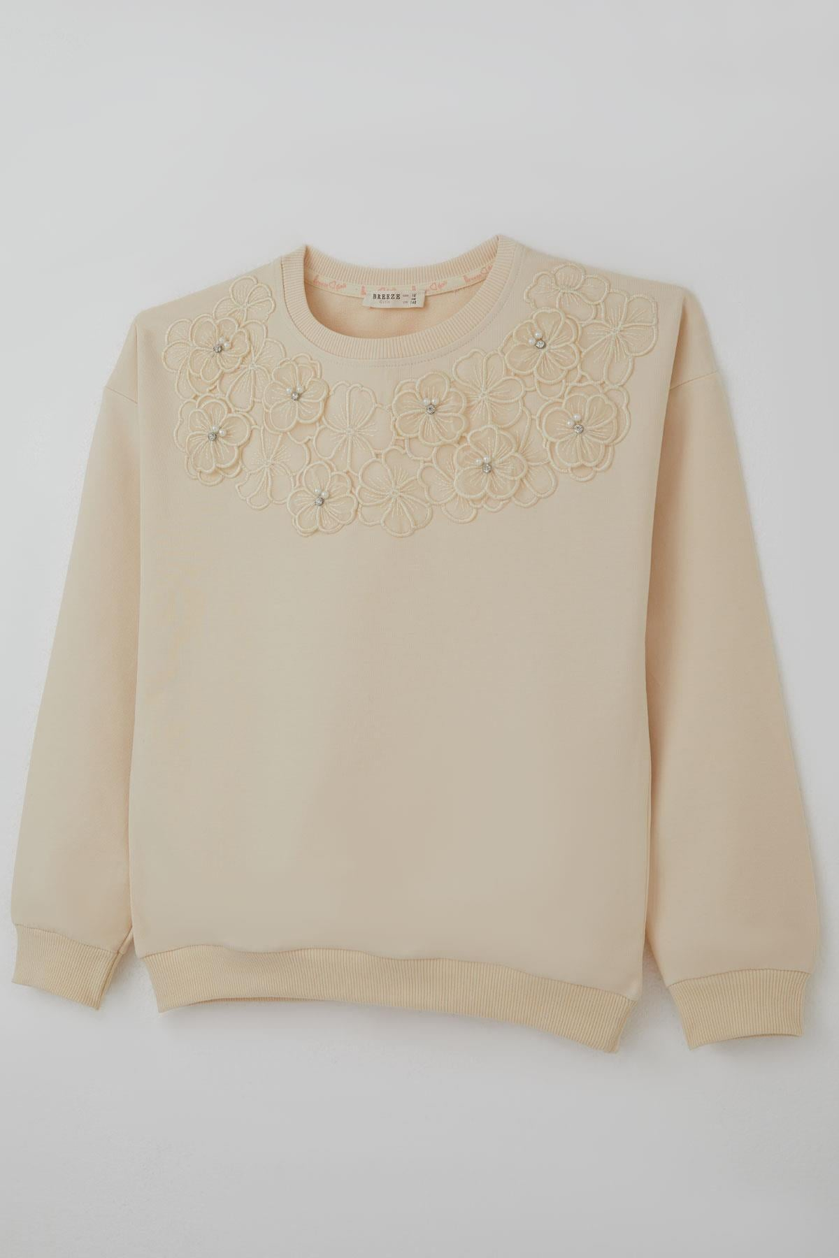 Breeze Kız Çocuk Sweatshirt İncili Çiçek Nakışlı Krem (9-14 Yaş)