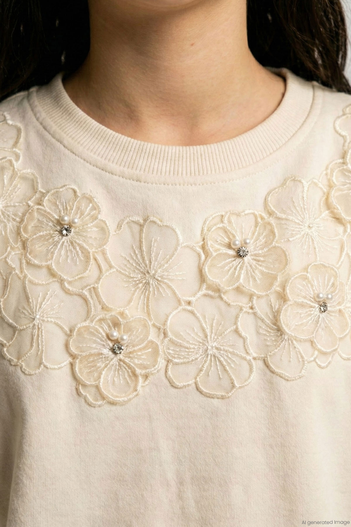 Breeze Kız Çocuk Sweatshirt İncili Çiçek Nakışlı Krem (9-14 Yaş)