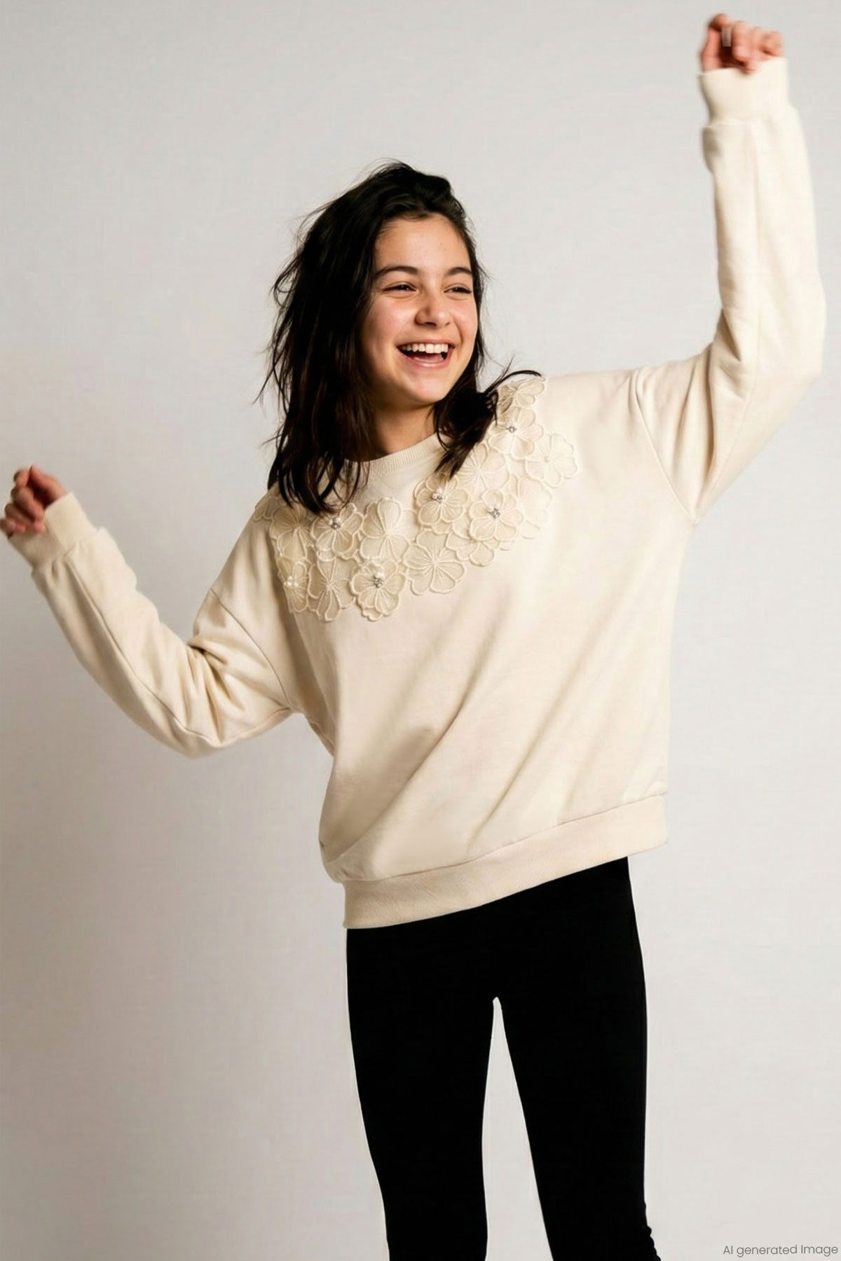 Breeze Kız Çocuk Sweatshirt İncili Çiçek Nakışlı Krem (9-14 Yaş)