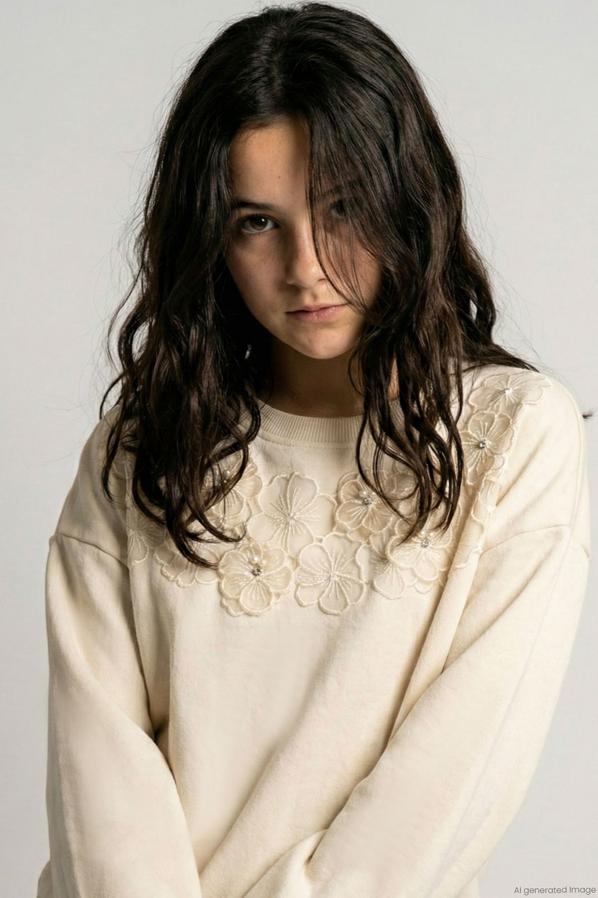 Breeze Kız Çocuk Sweatshirt İncili Çiçek Nakışlı Krem (9-14 Yaş)