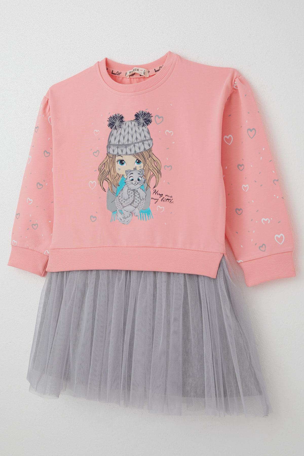 Breeze Kız Çocuk Uzun Kollu Elbise Arkadaş Temalı Kolları Kalp Desenli Pembe (2-6 Yaş)