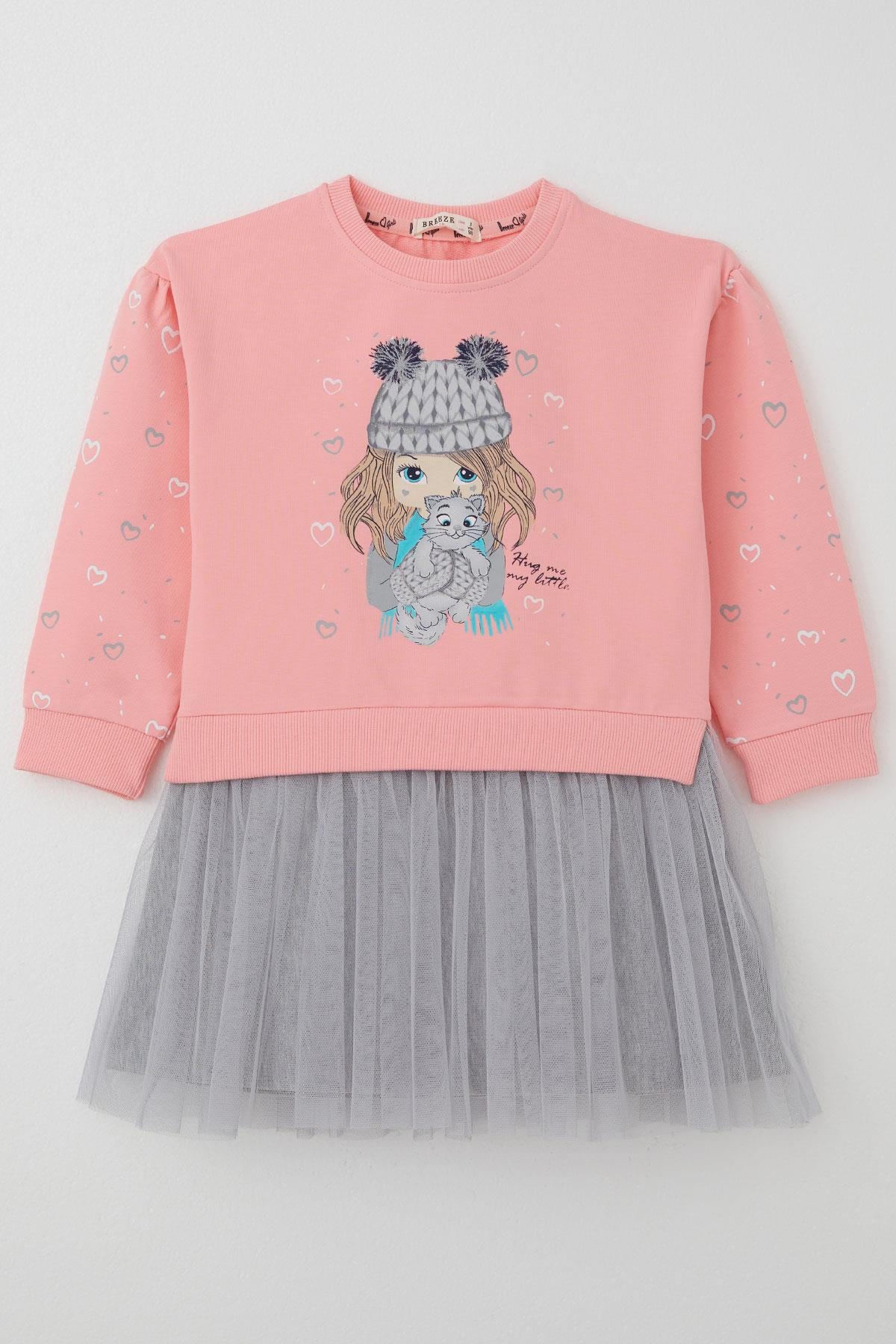 Breeze Kız Çocuk Uzun Kollu Elbise Arkadaş Temalı Kolları Kalp Desenli Pembe (2-6 Yaş)